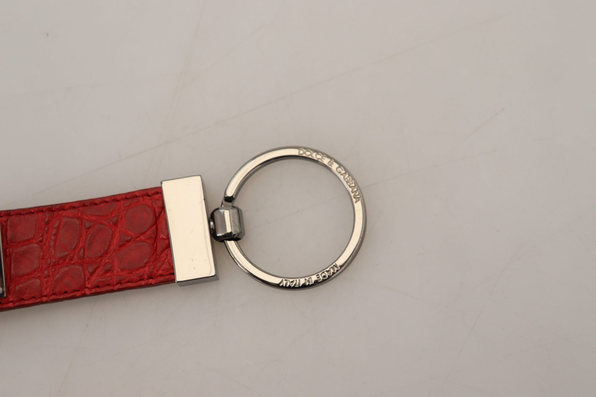 Red Leather Logo Plaque Silver Brass Keychain
