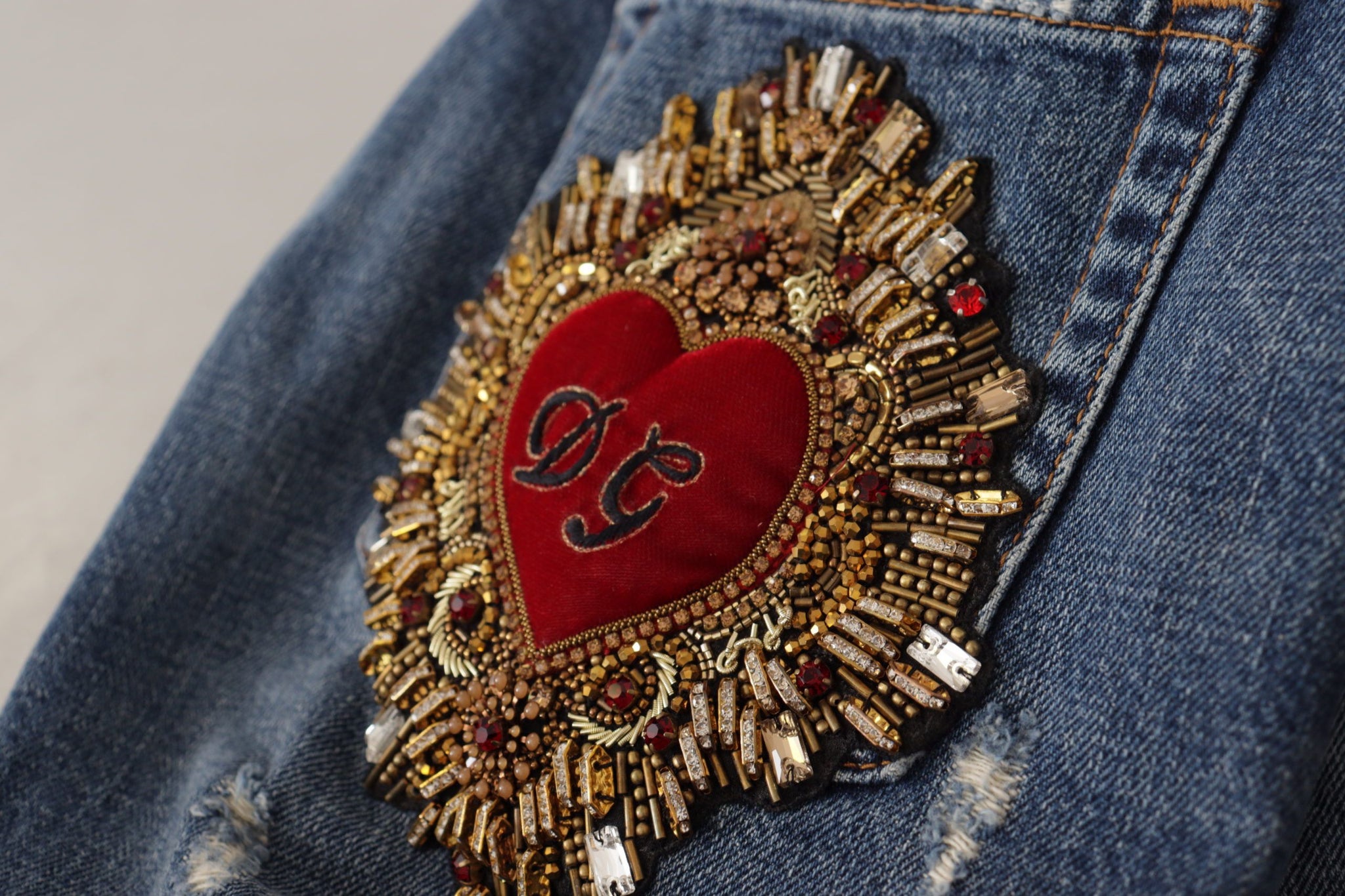 Blue Denim Baroque Heart Logo Patch Pants Jeans