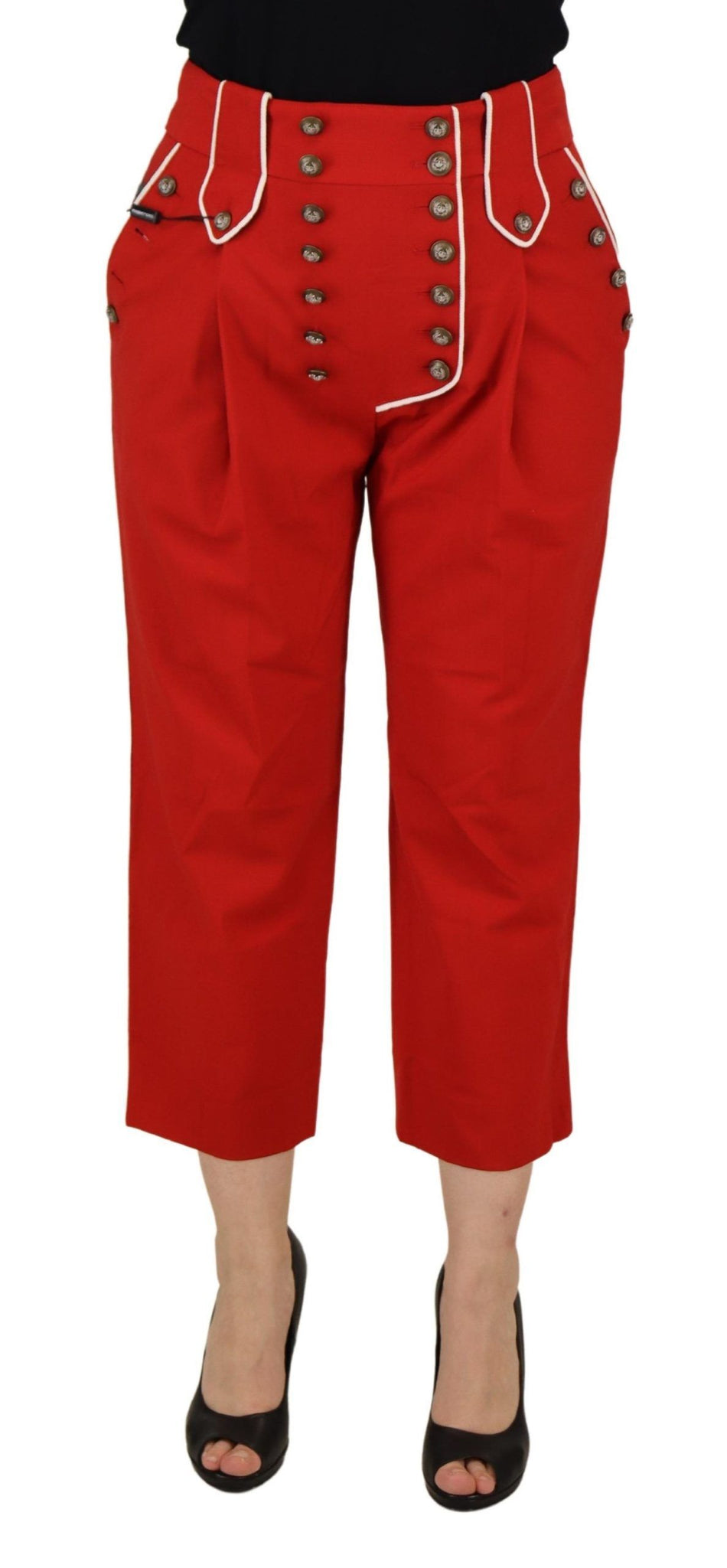 Red Button Embellished High Waist Pants