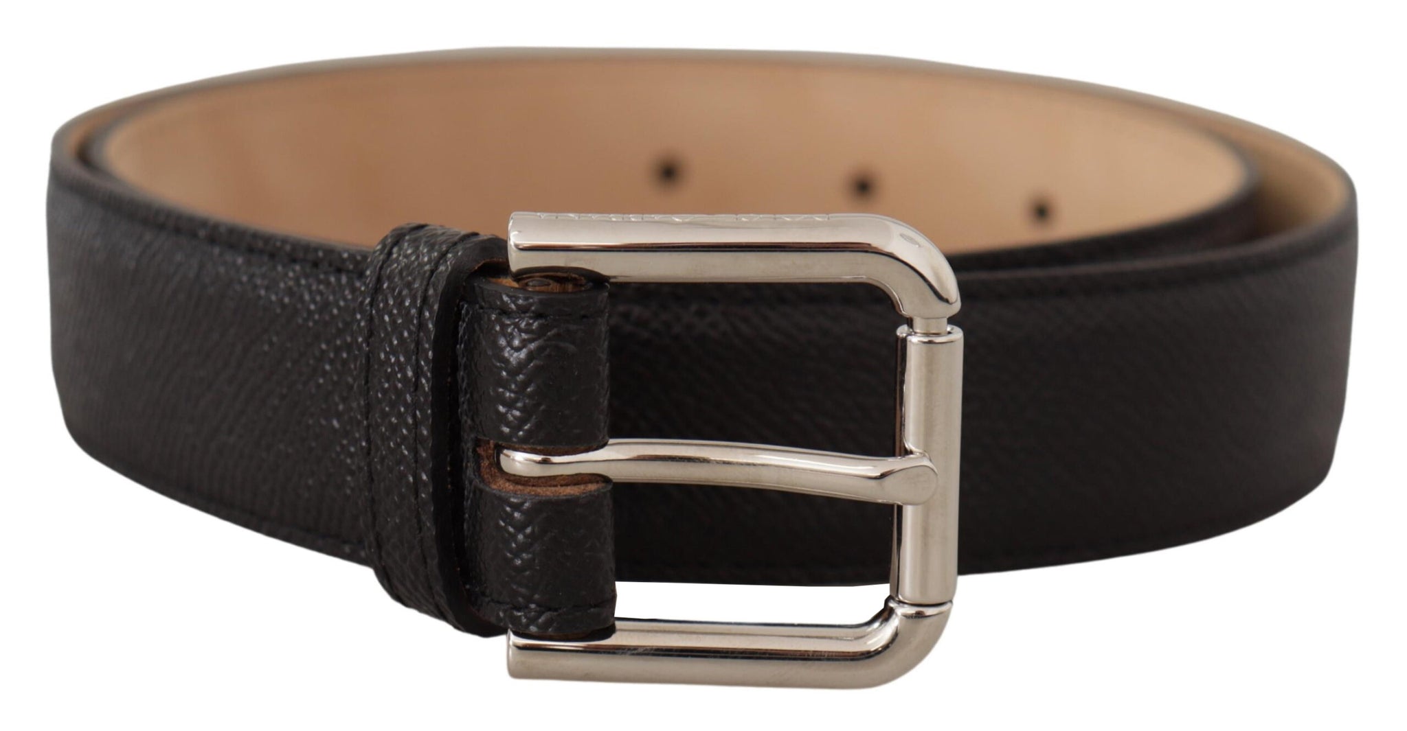 Dolce & Gabbana Black Calf Leather Brown Backend Metal Buckle Belt