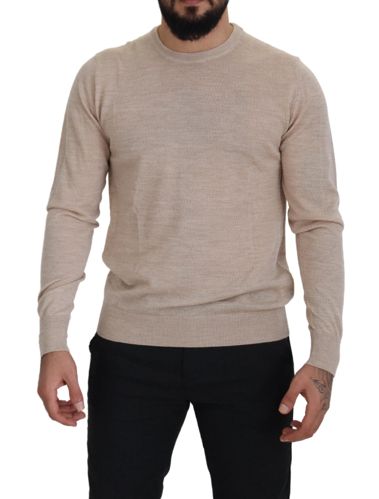 Beige Virgin Wool Crew Neck Pullover Sweater
