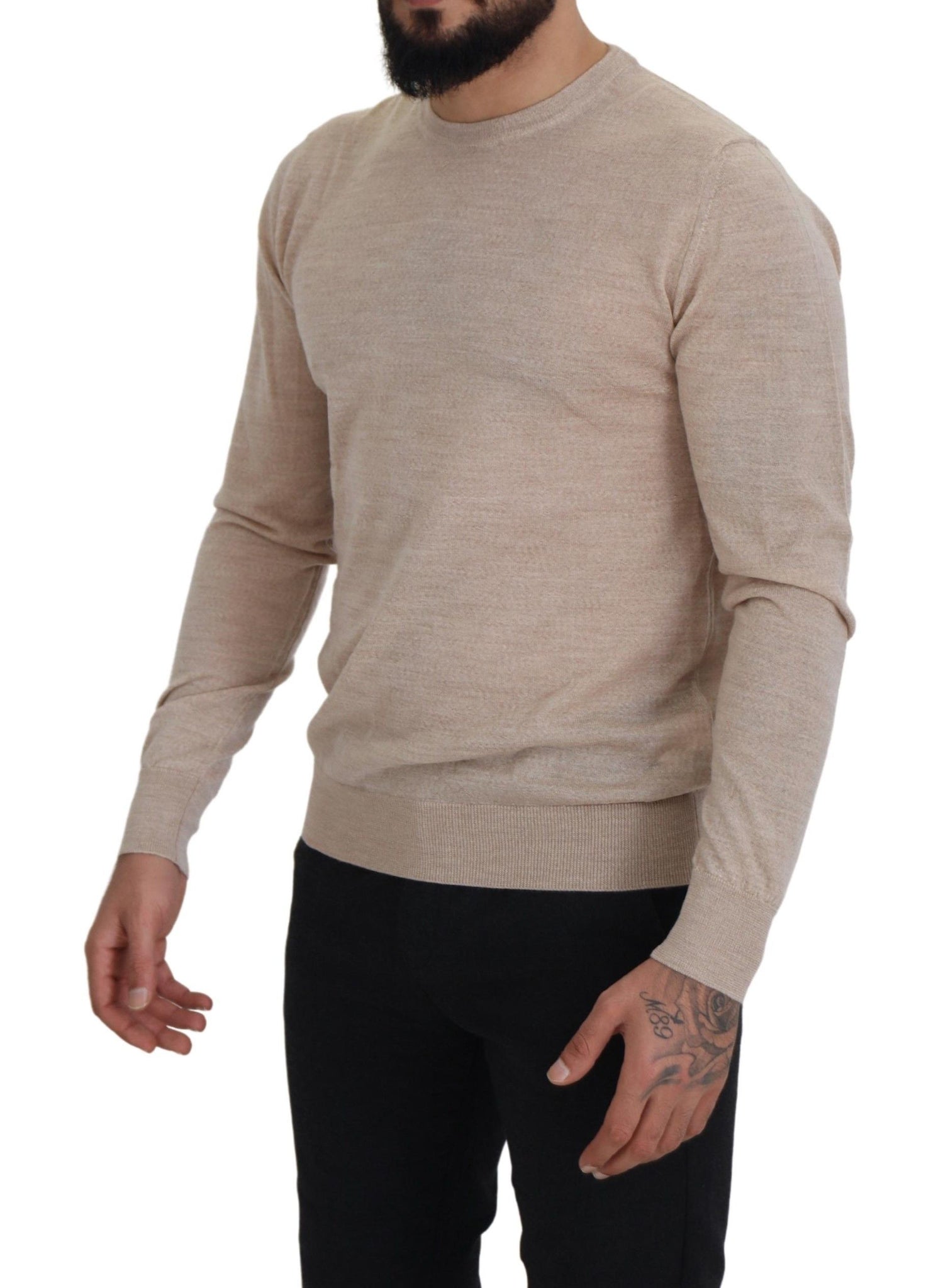 Beige Virgin Wool Crew Neck Pullover Sweater