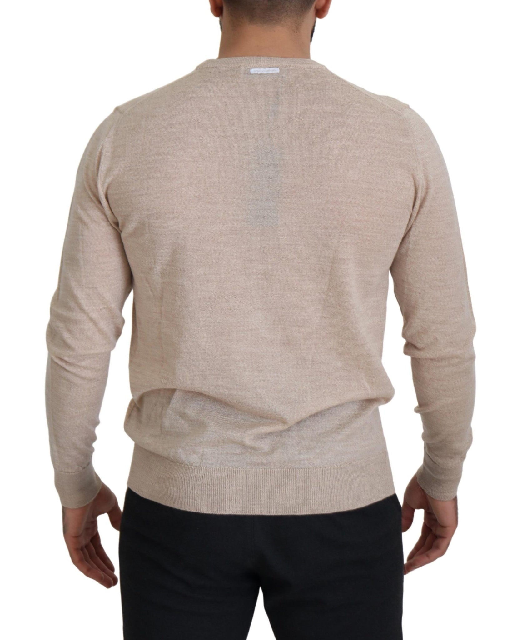 Beige Virgin Wool Crew Neck Pullover Sweater