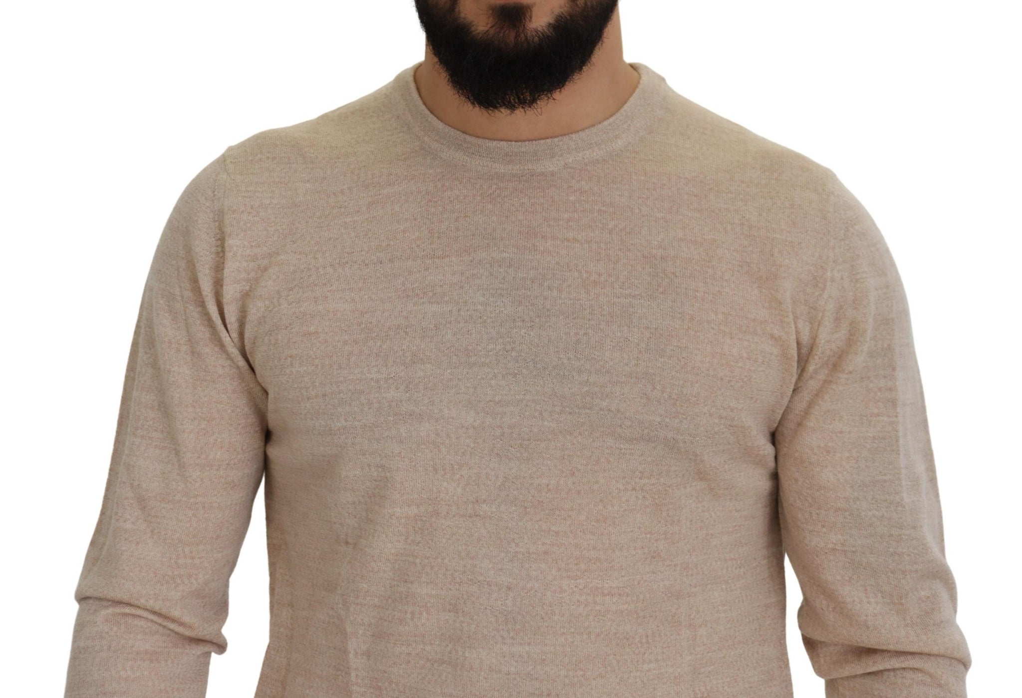 Beige Virgin Wool Crew Neck Pullover Sweater