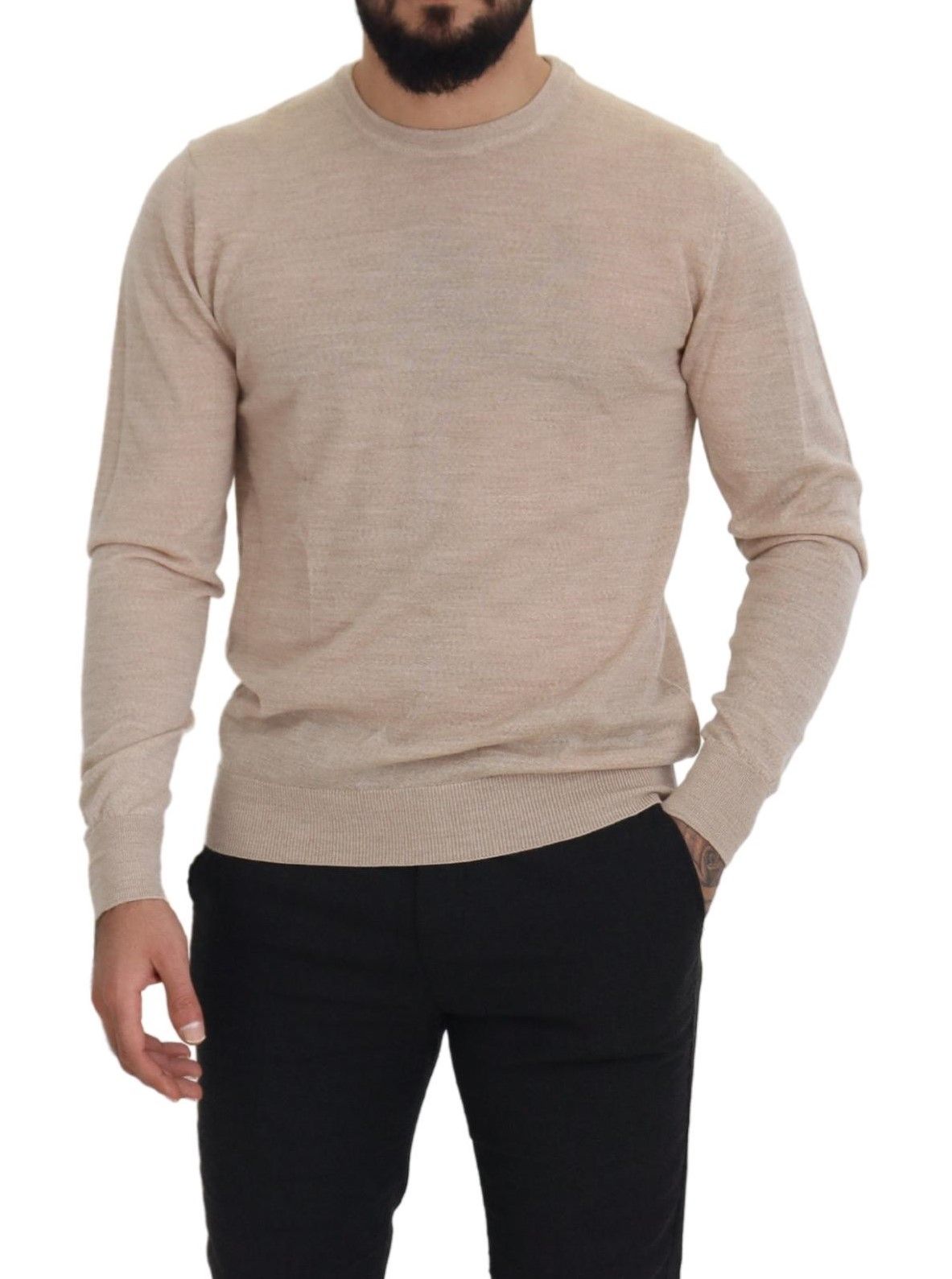 Beige Virgin Wool Crew Neck Pullover Sweater