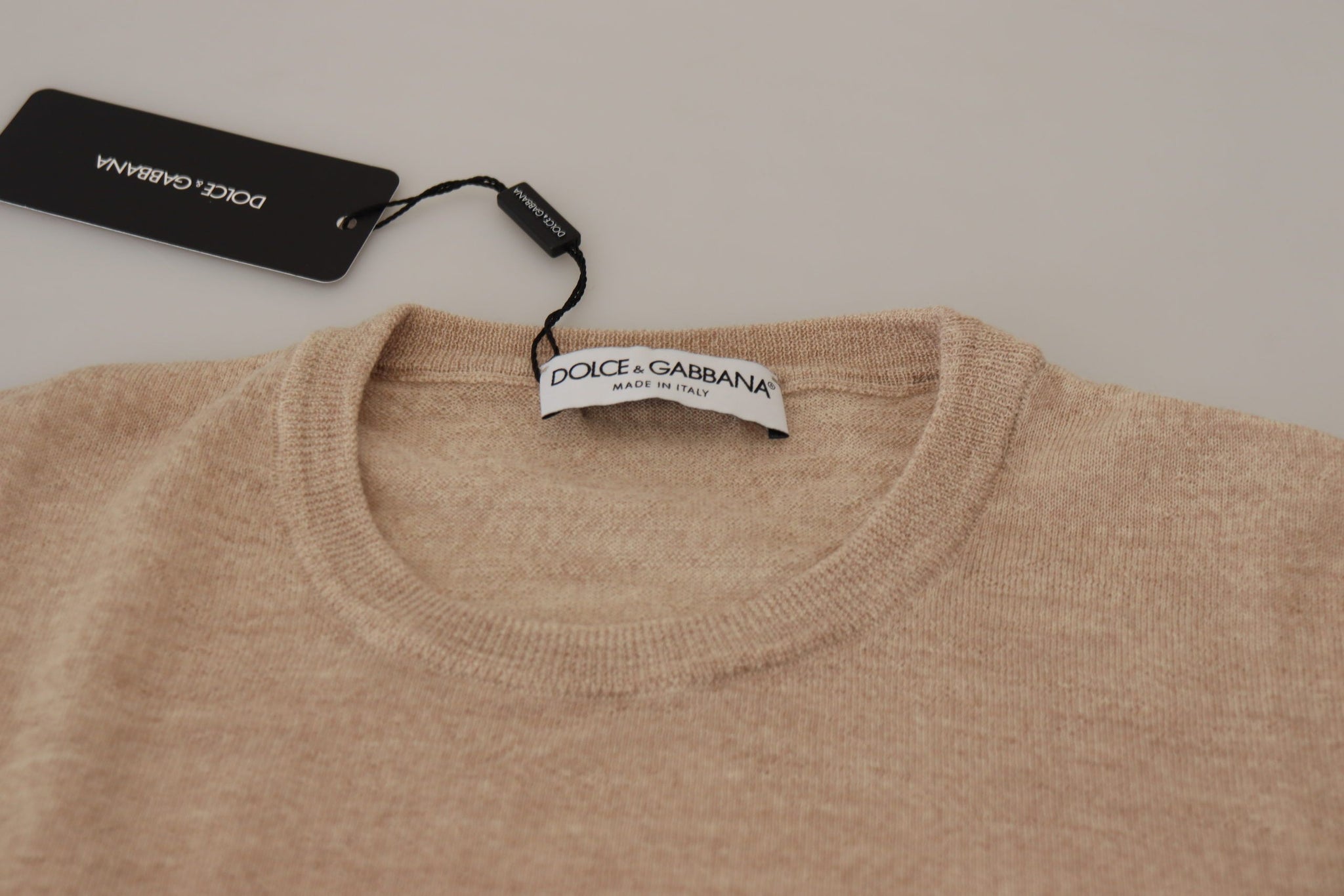 Beige Virgin Wool Crew Neck Pullover Sweater