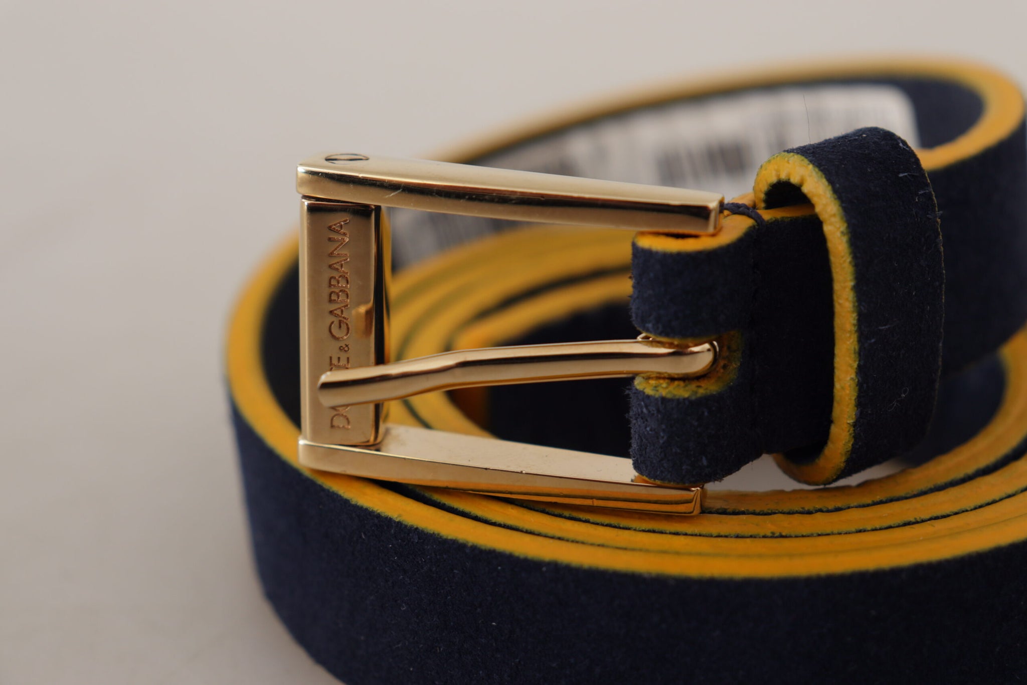 Blue Suede Yellow Gold Metal Logo Buckle Belt