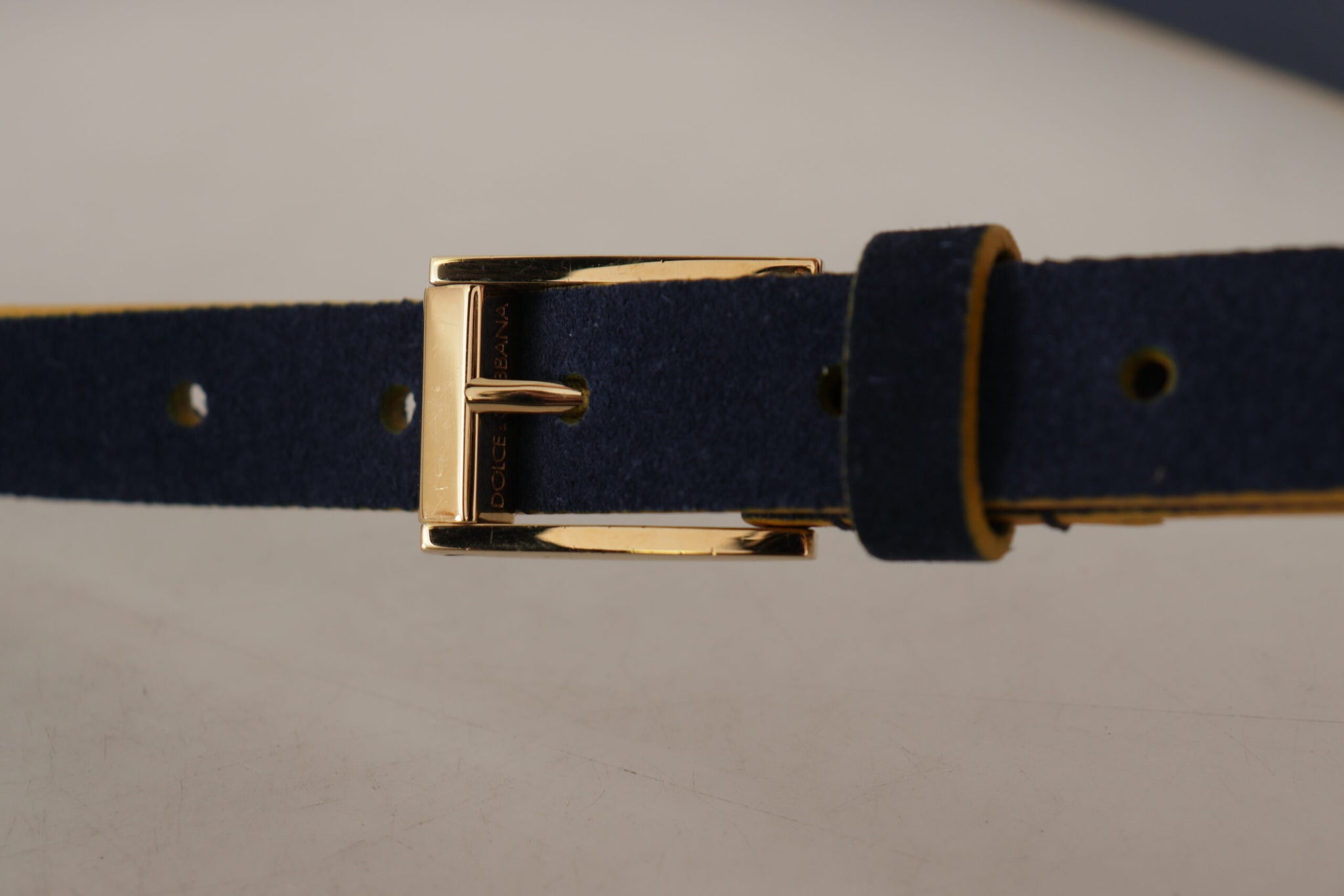 Blue Suede Yellow Gold Metal Logo Buckle Belt