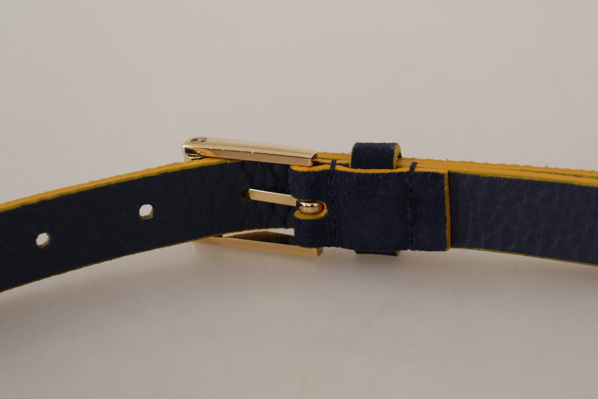 Blue Suede Yellow Gold Metal Logo Buckle Belt