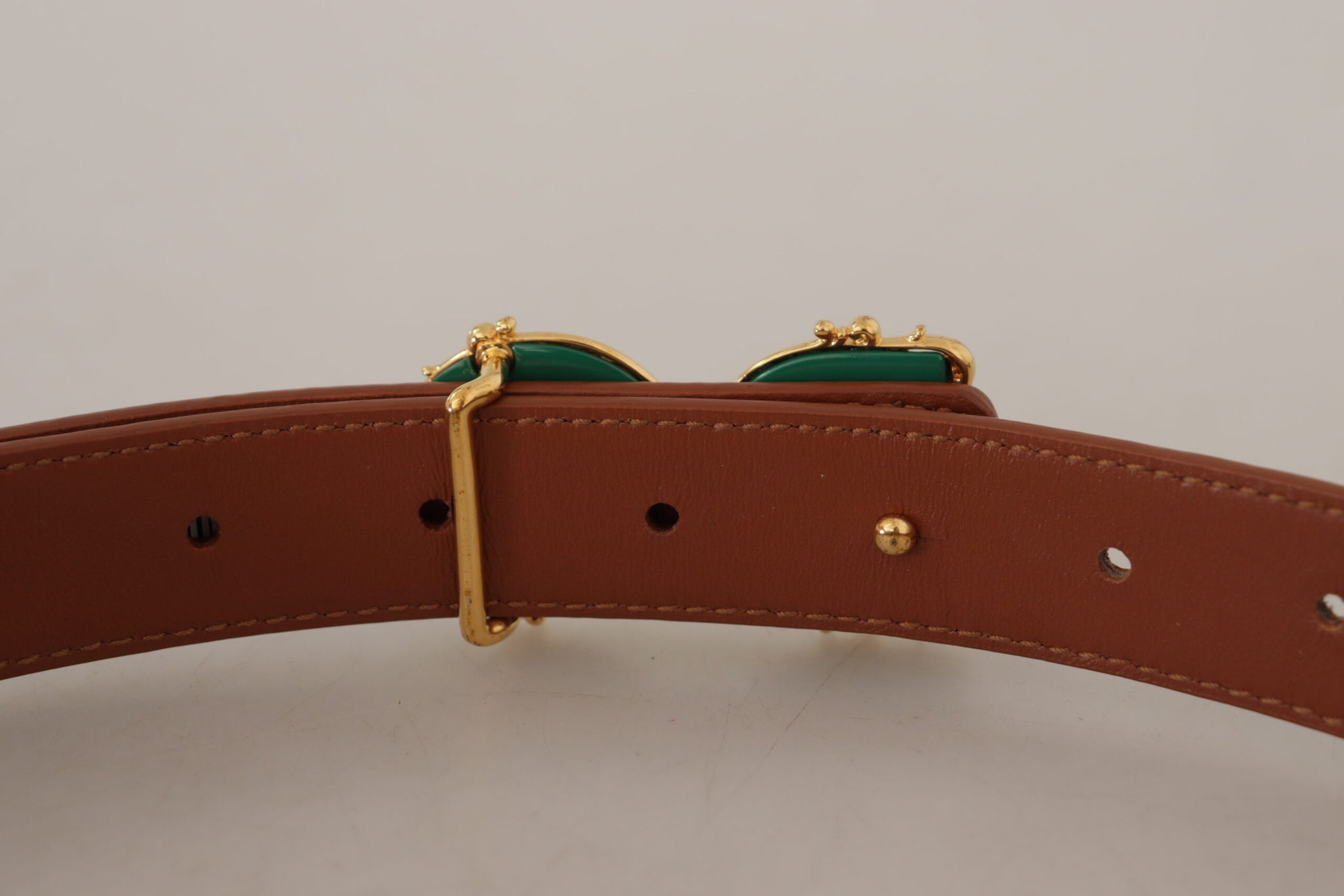 Brown Leather Baroque Gold DG Logo Waist Buckle Belt
