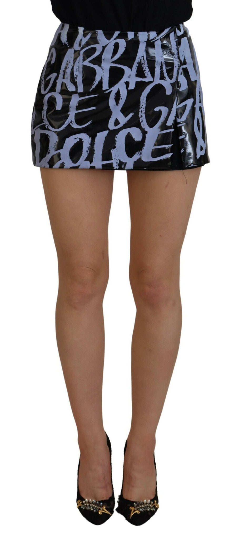 Dolce & Gabbana Black Logo Print High Waist A-line Mini Skirt