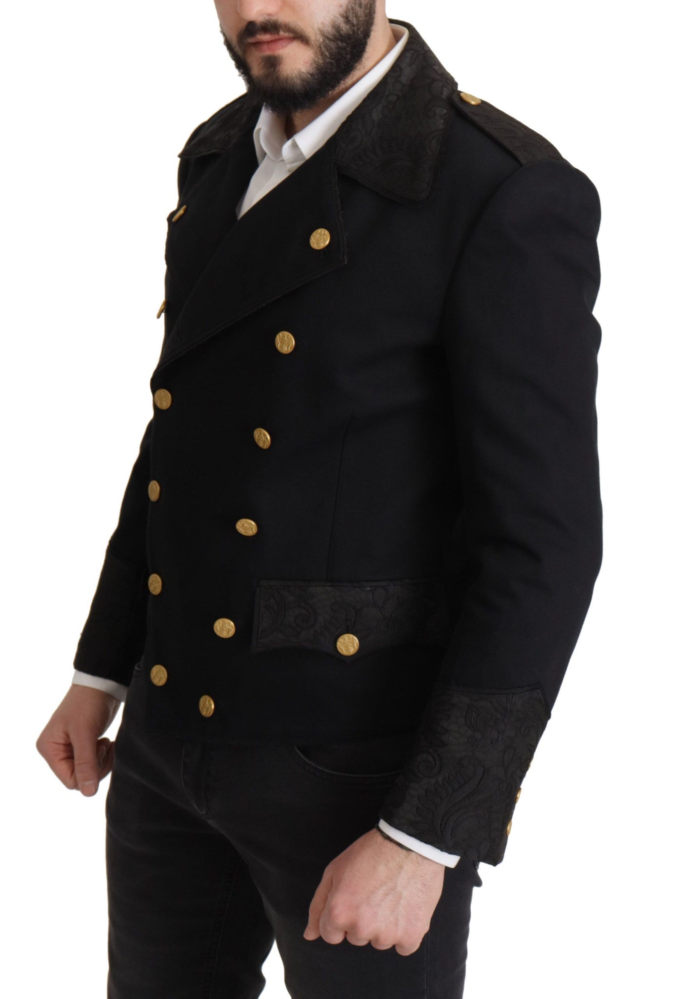Black Button Embellished Cotton Blend Jacket