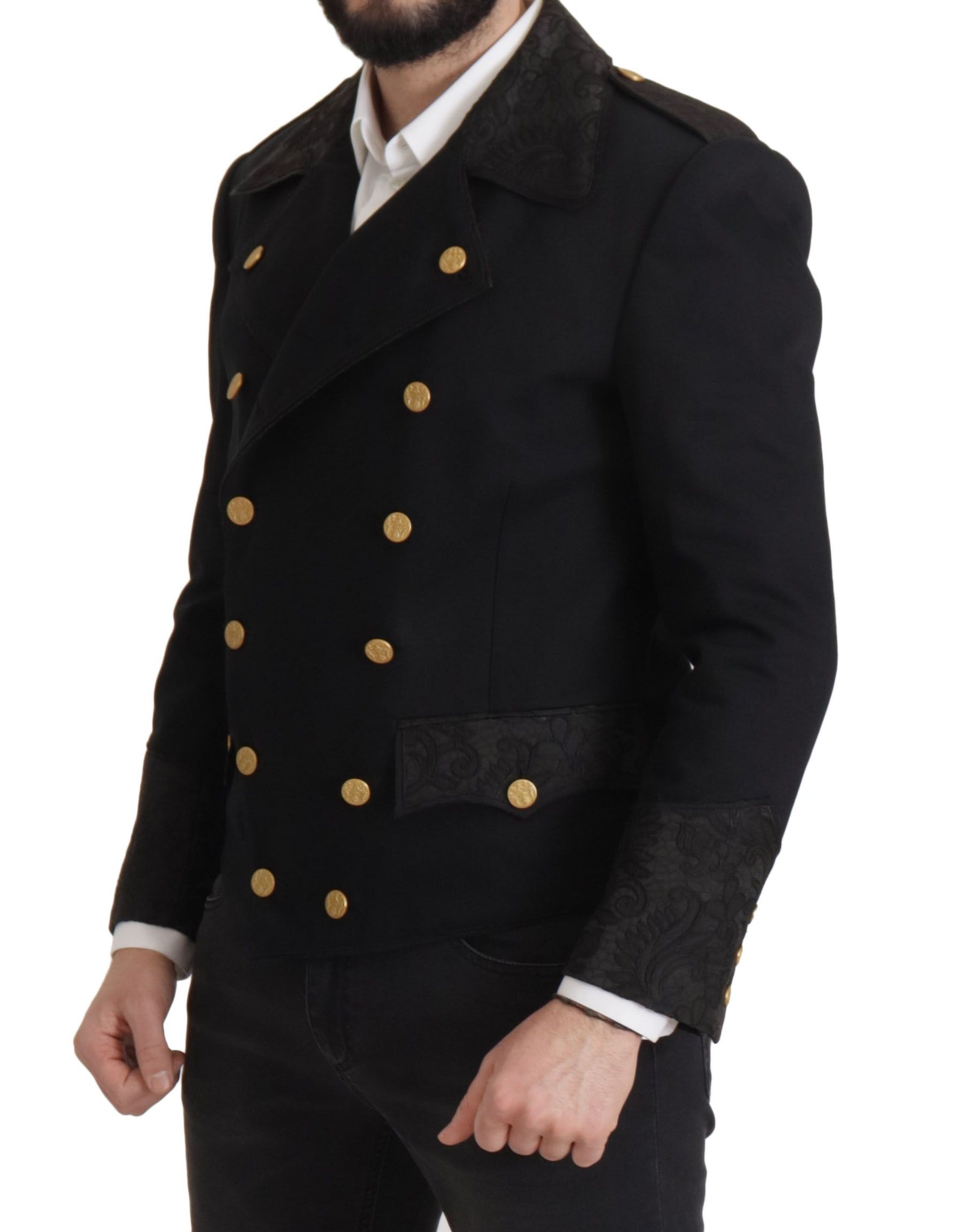 Black Button Embellished Cotton Blend Jacket