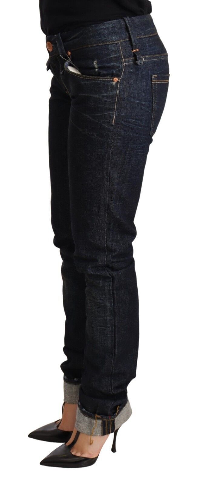 Dark Blue Cotton Slim Fit Folded Hem Women Denim Trouser Jeans