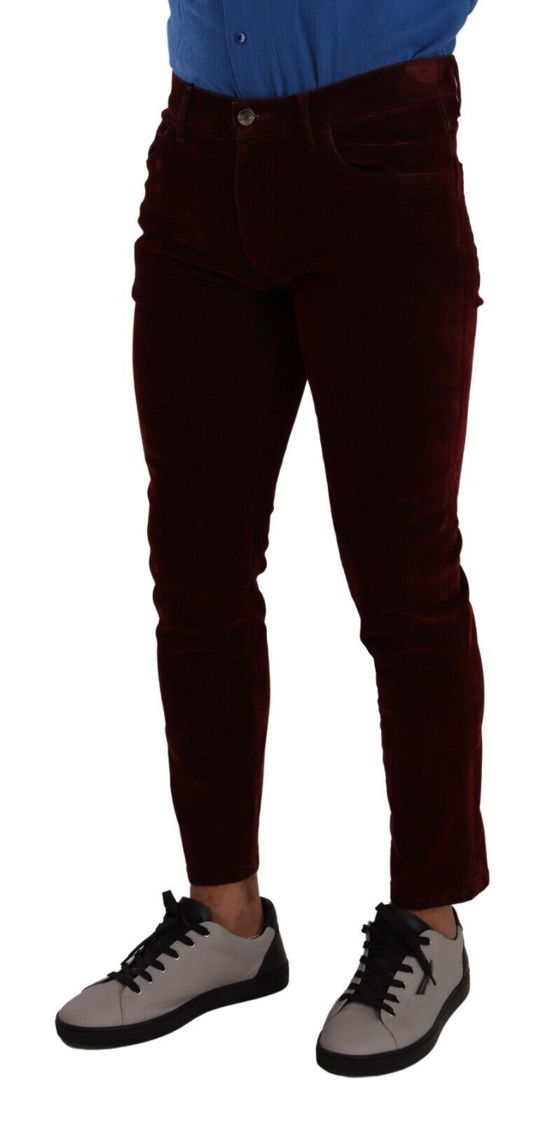 Dark Red Cotton Velvet Skinny Men Denim Jeans