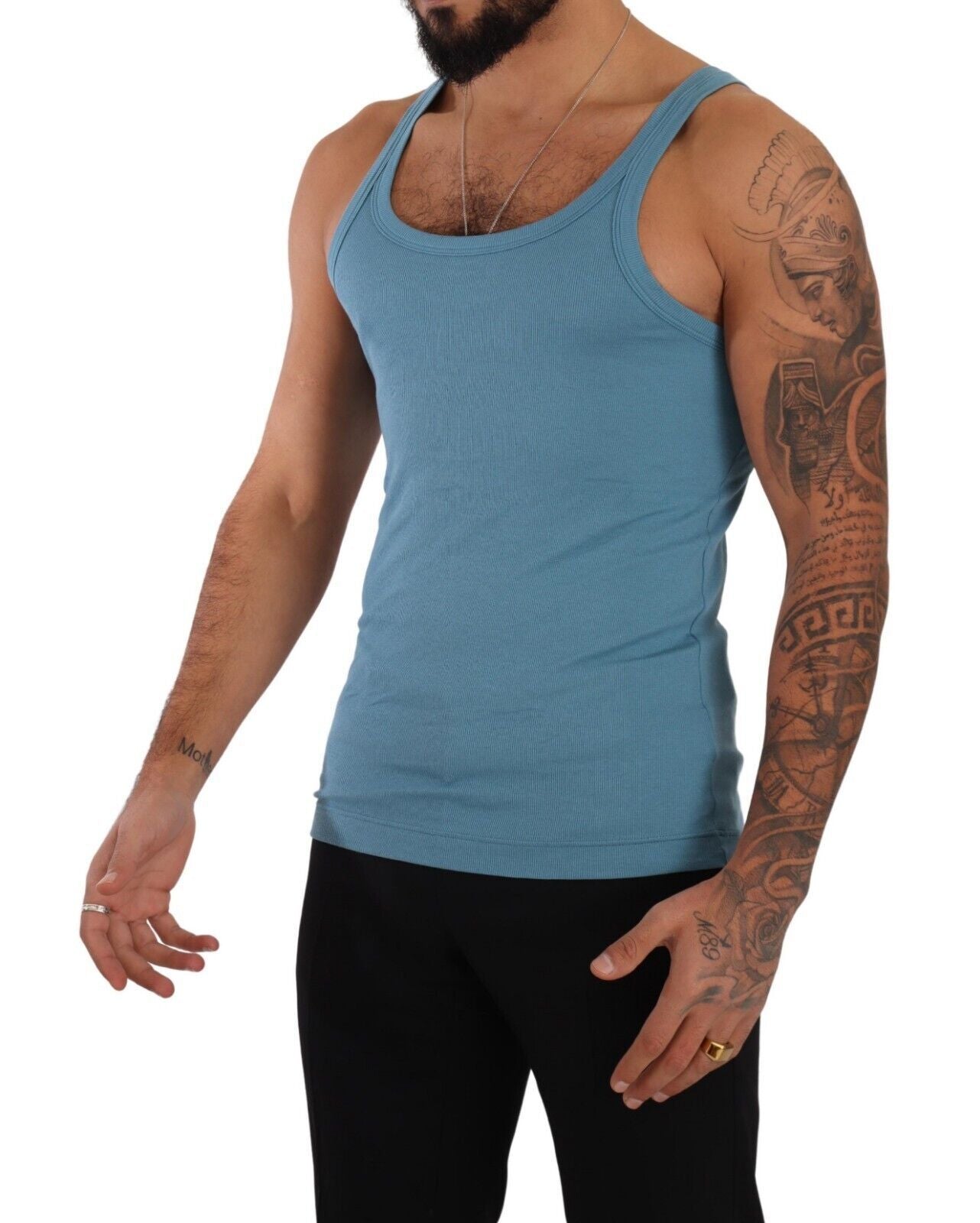 Blue Cotton Round Neck T-shirt Tank Underwear