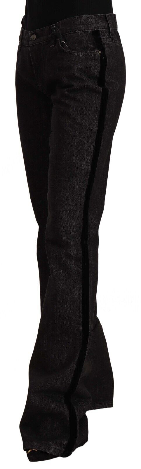 Black Mid Waist Cotton Denim Straight Boot Cut Jeans