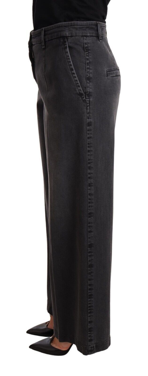 Gray Washed Mid Waist Wide Leg Denim Jeans