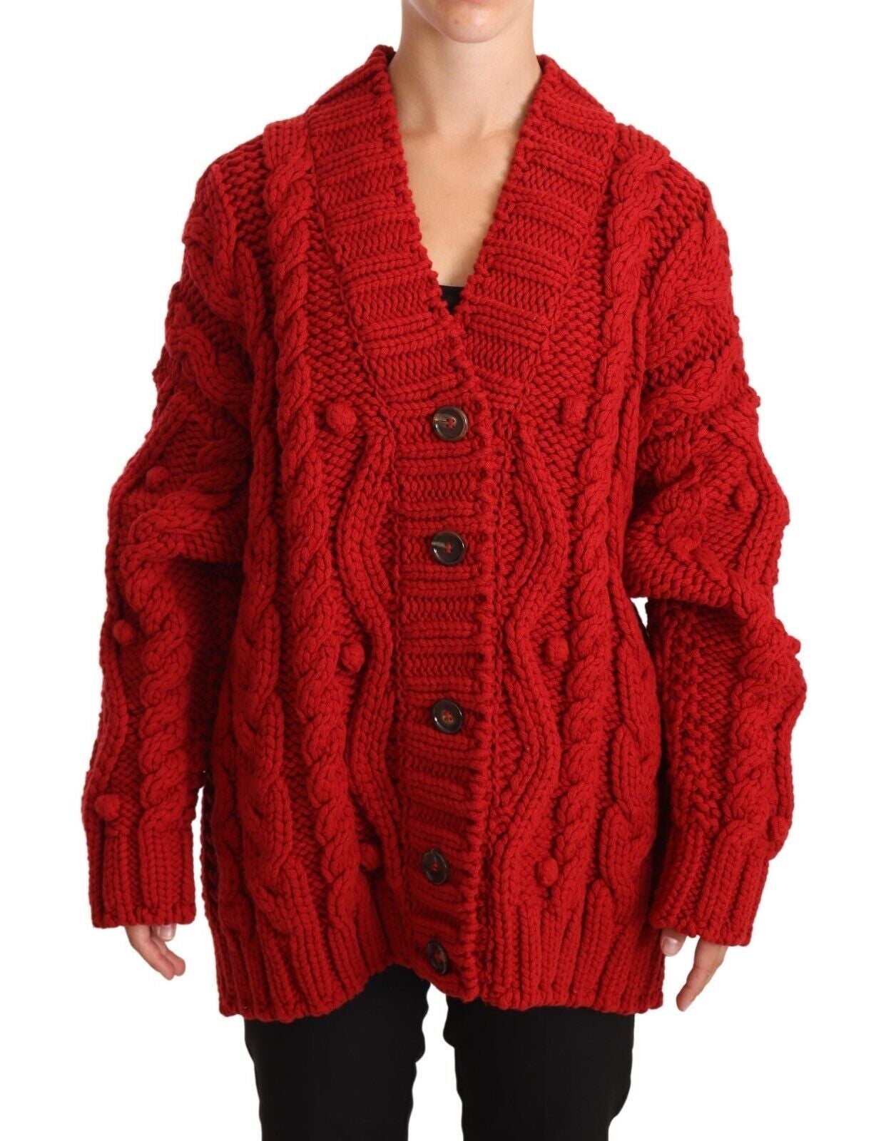 Red V-neck Wool Knit Button Cardigan Sweater