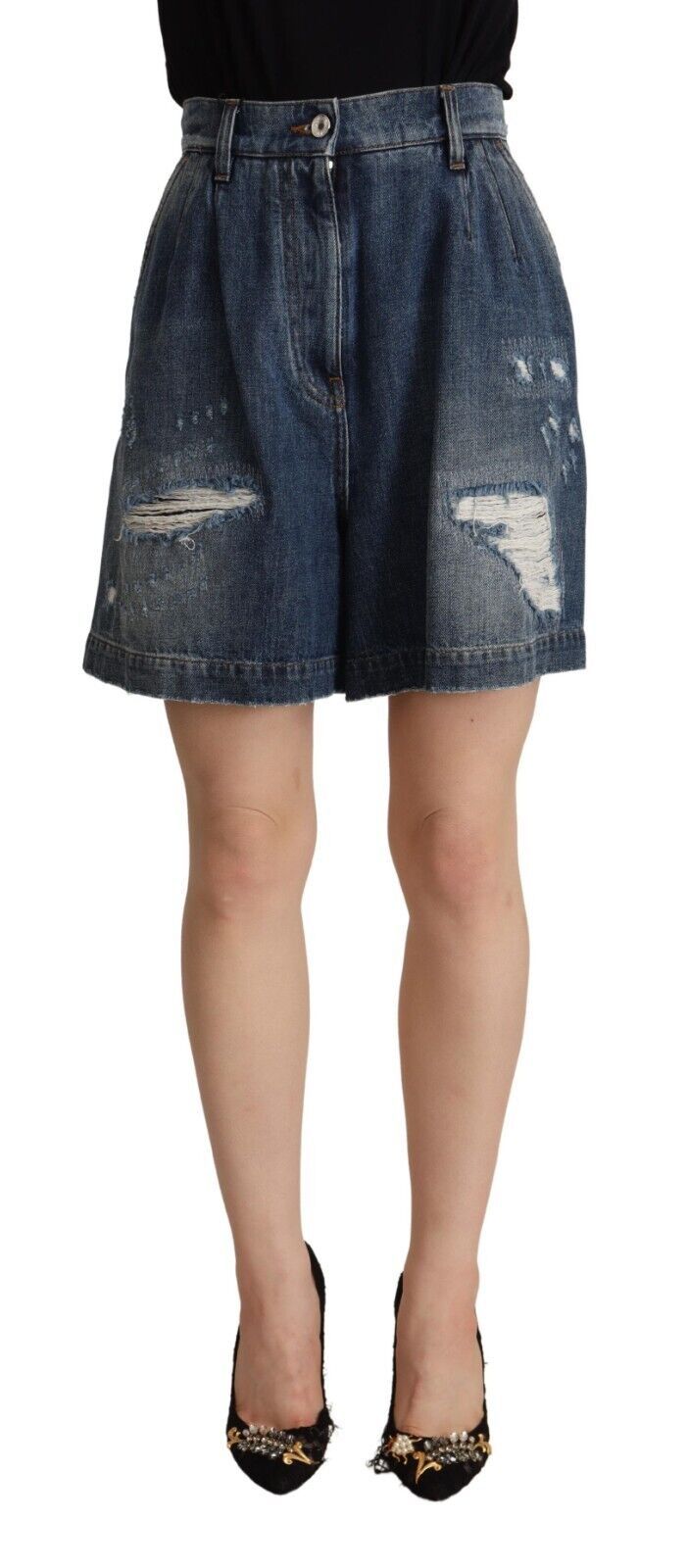 Blue Distressed Cotton High Waist Bermuda Shorts
