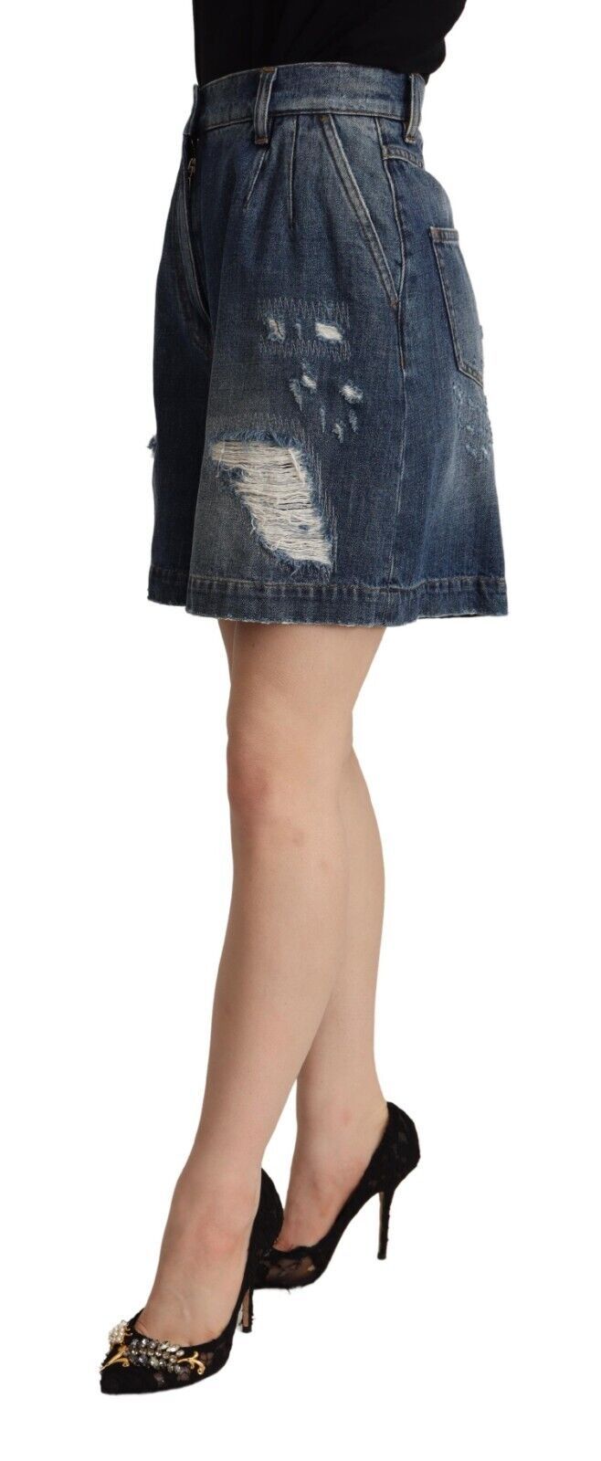 Blue Distressed Cotton High Waist Bermuda Shorts