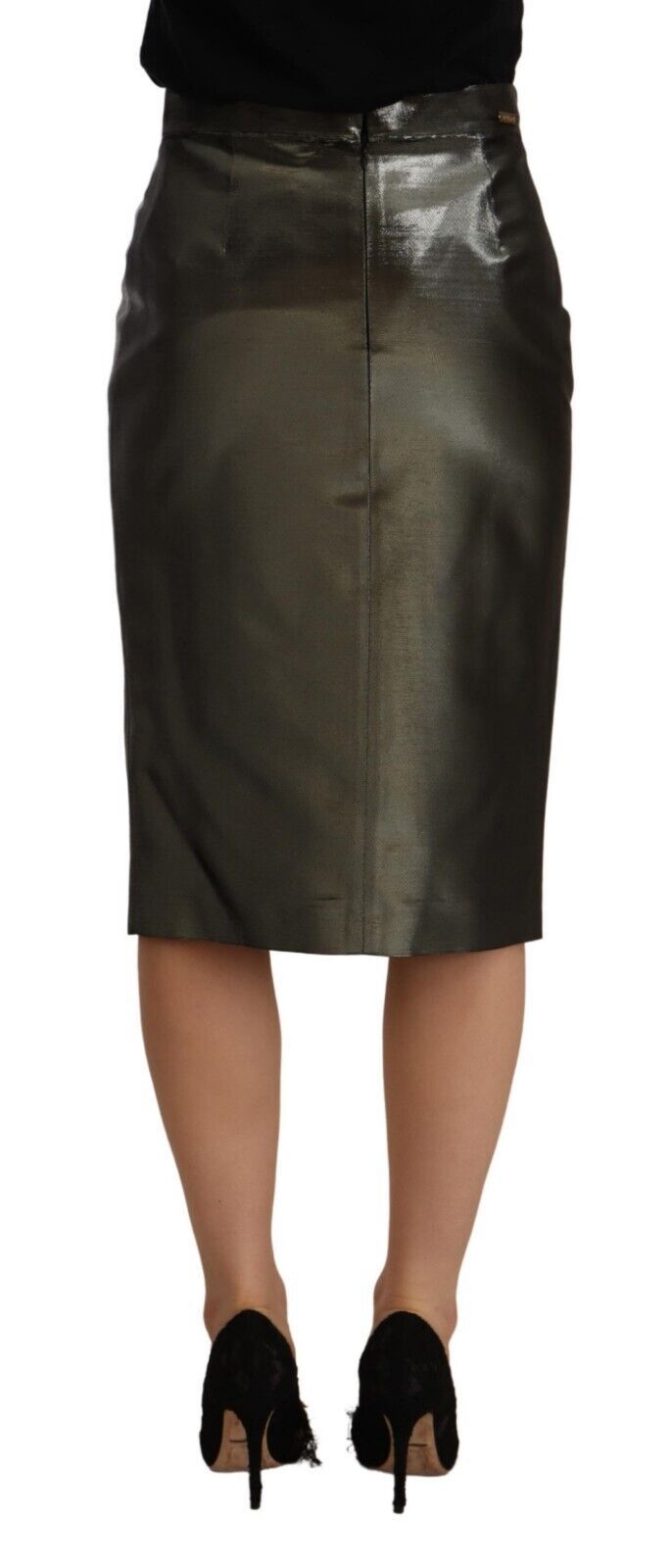 Metallic Gray High Waist Pencil Midi Skirt