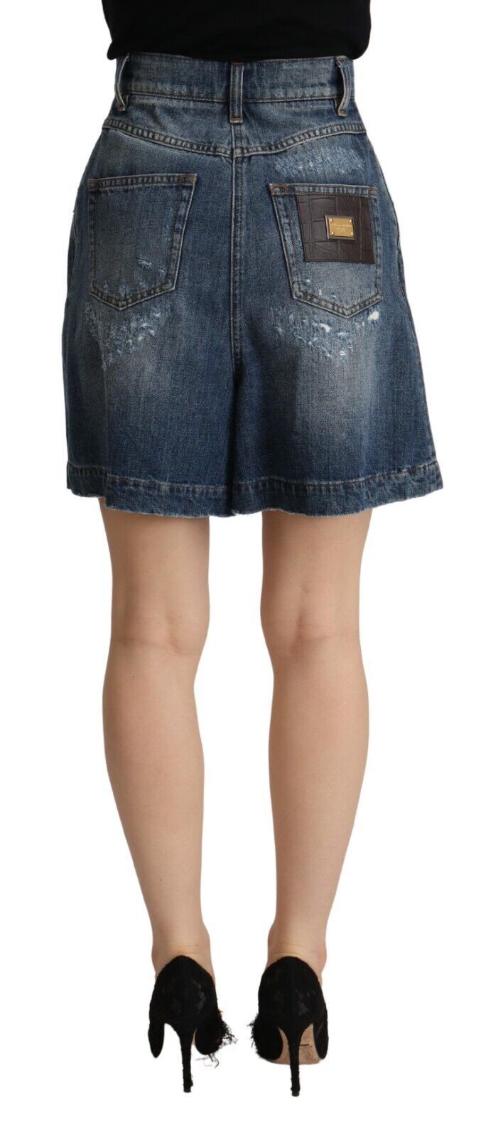 Blue Distressed Cotton High Waist Bermuda Shorts