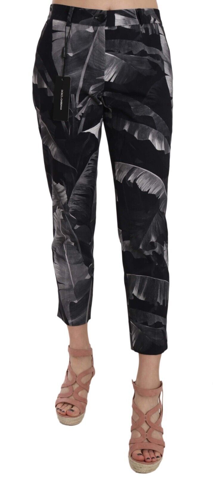Black Banana Leaf Print Skinny Capri Pants