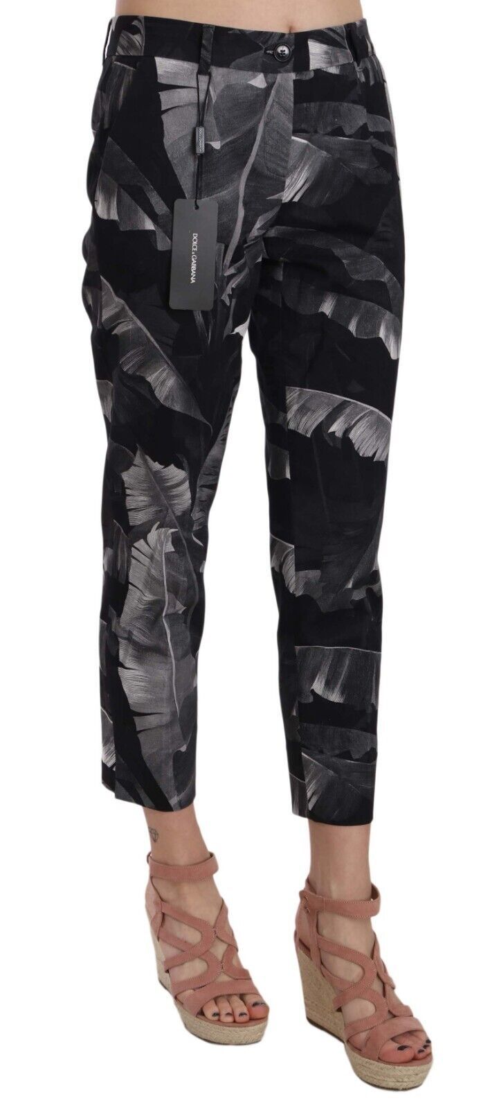 Black Banana Leaf Print Skinny Capri Pants