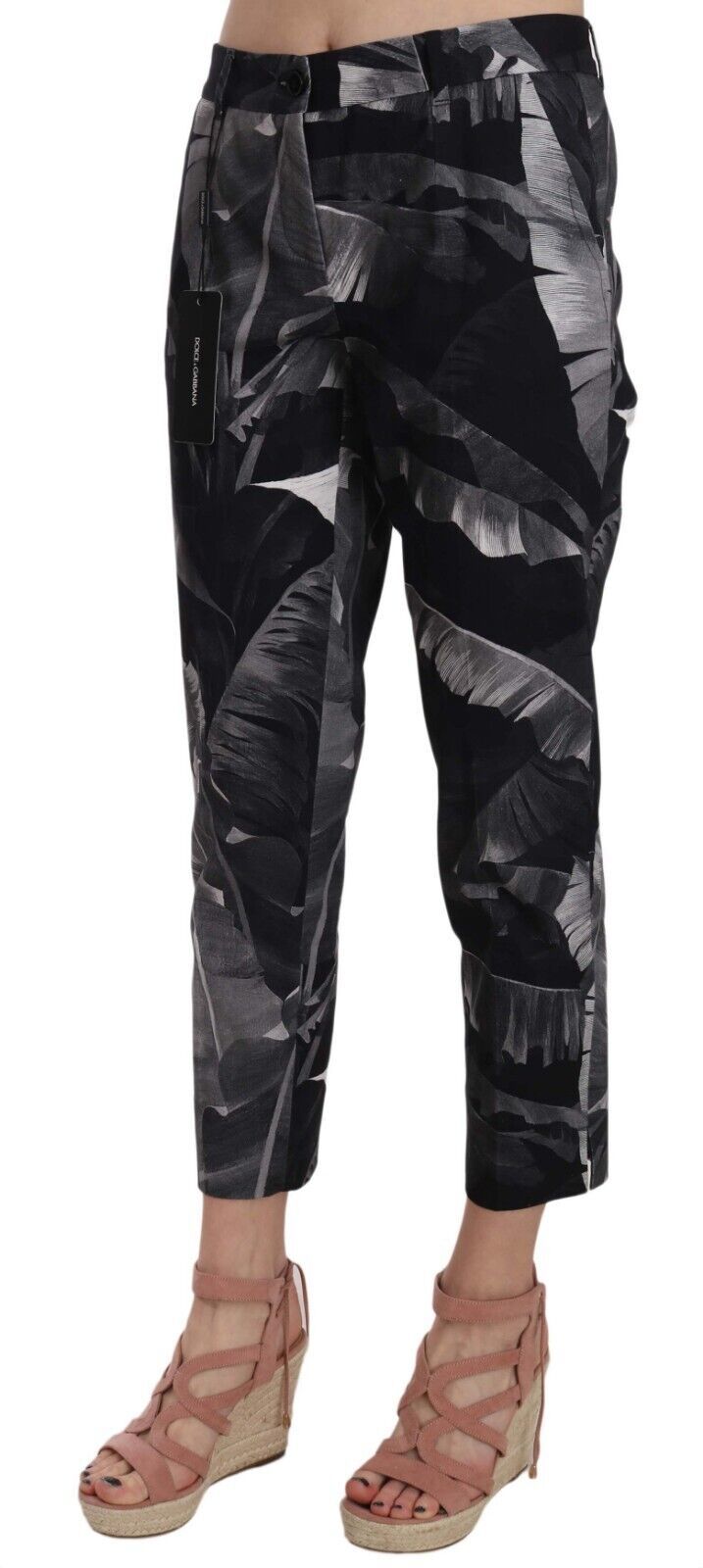 Black Banana Leaf Print Skinny Capri Pants