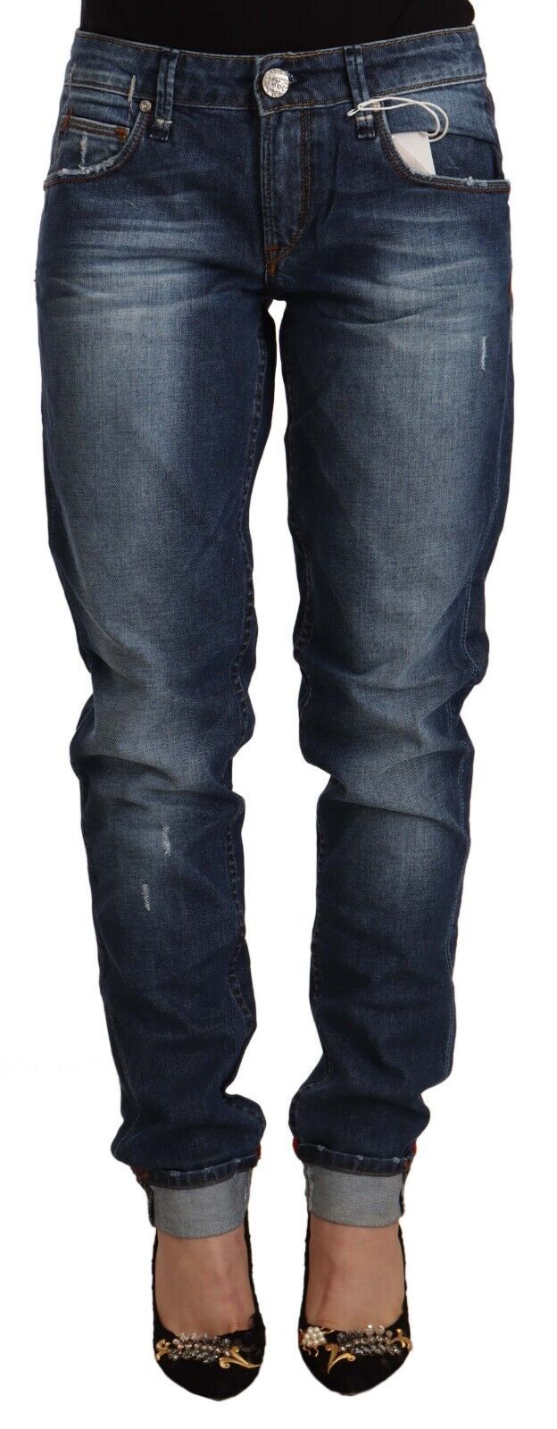 Blue Washed Mid Waist Slim Fit Denim Folded Hem Jeans