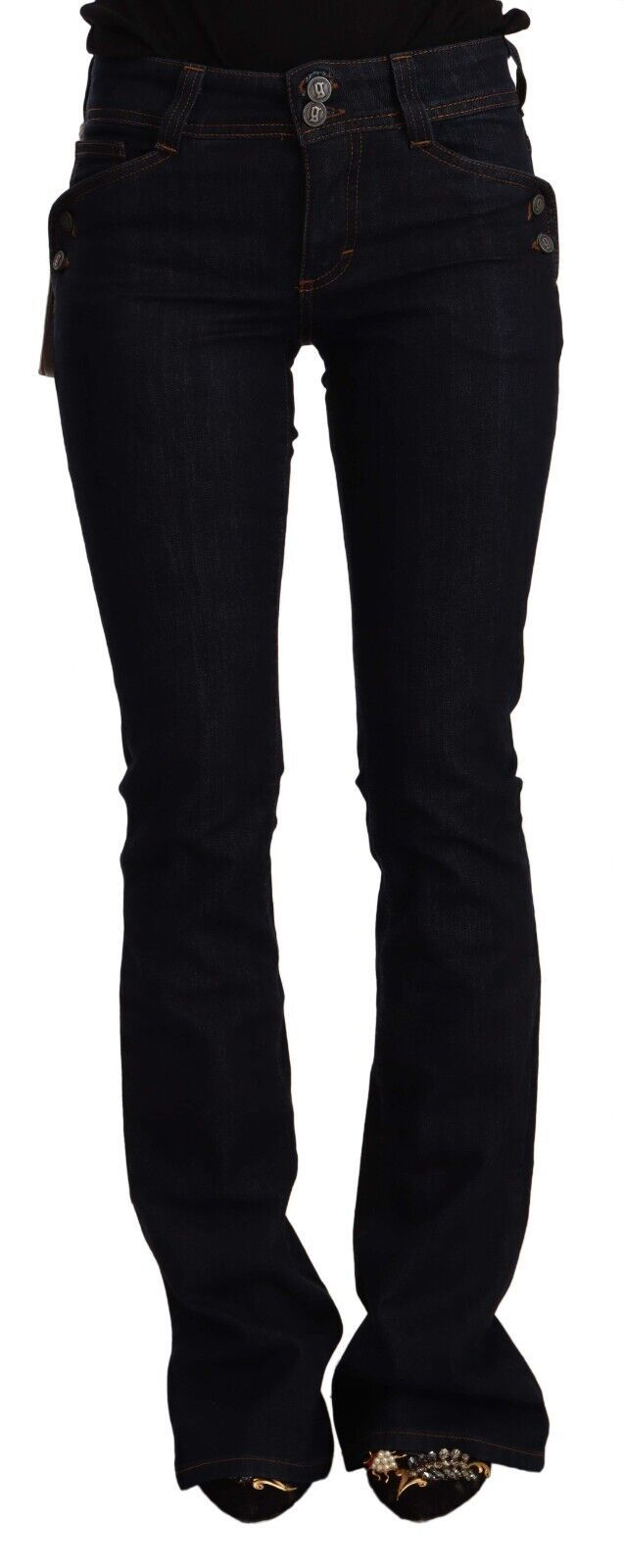 Black Mid Waist Cotton Women Denim Flared Jeans