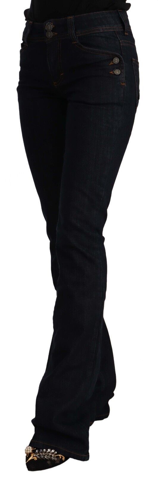 Black Mid Waist Cotton Women Denim Flared Jeans