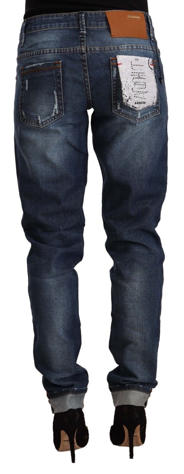 Blue Washed Mid Waist Slim Fit Denim Folded Hem Jeans