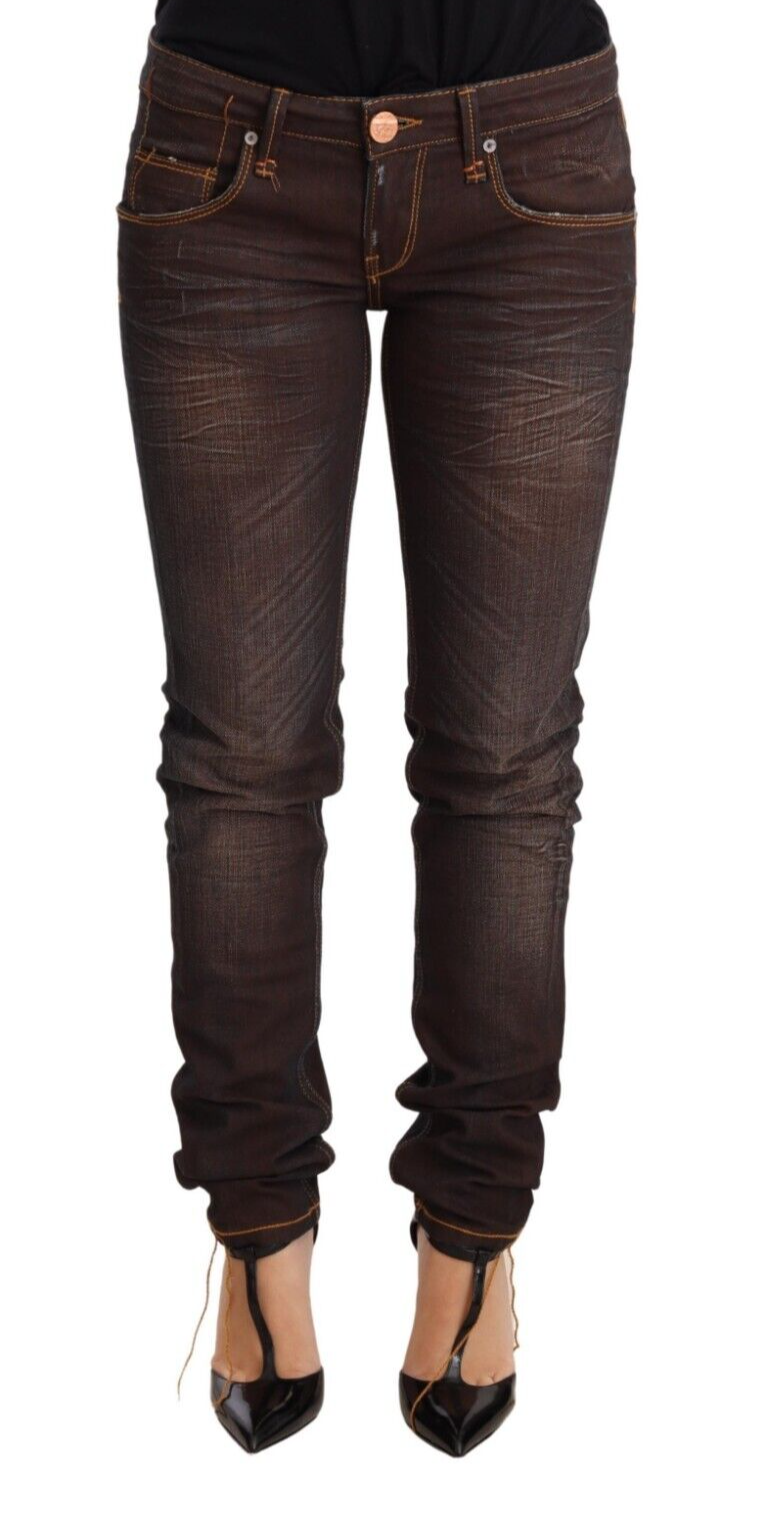 Brown Washed Cotton Slim Fit Denim Low Waist Trouser Jeans