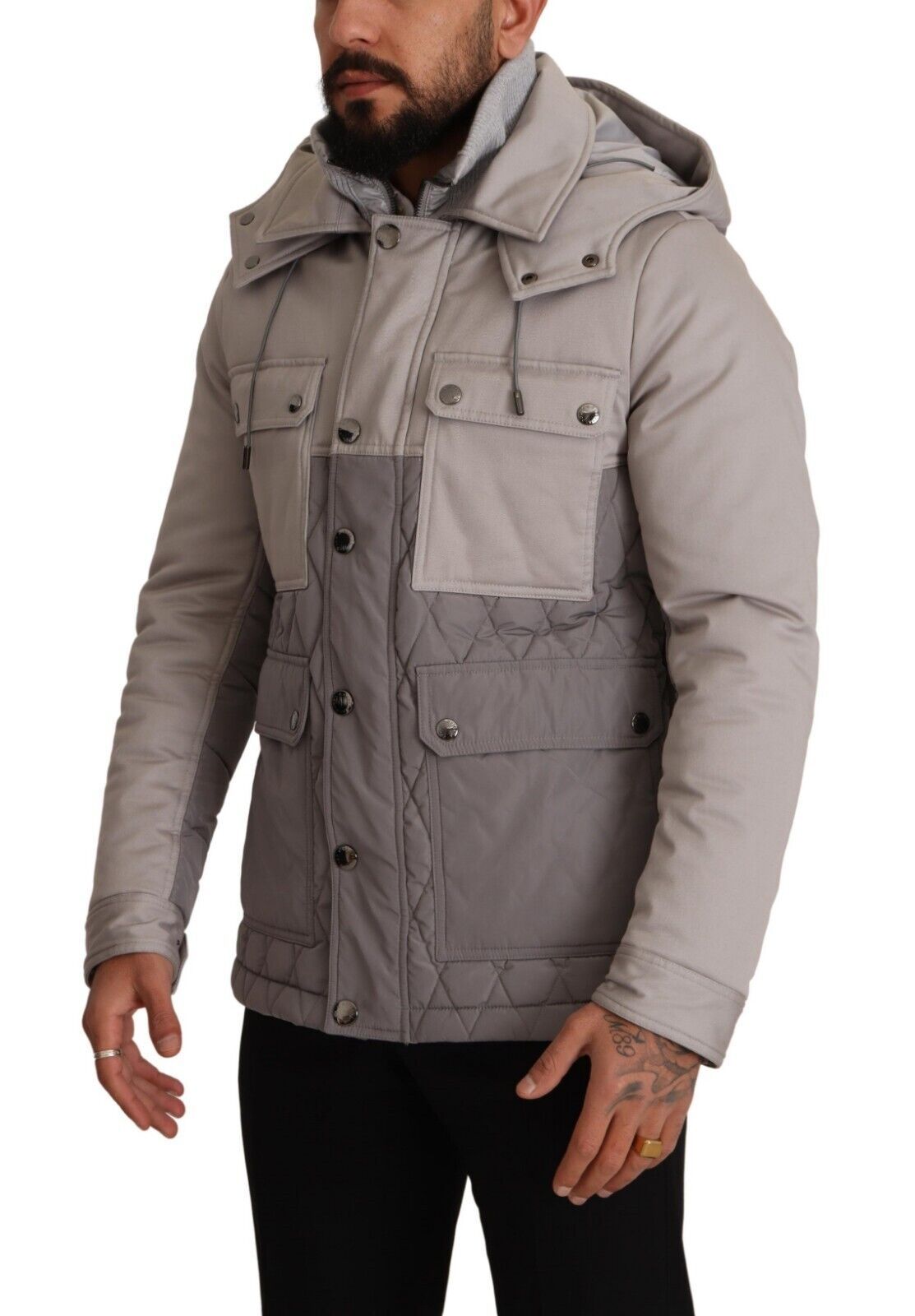 Gray Cotton Windbreaker Hooded Parka Jacket