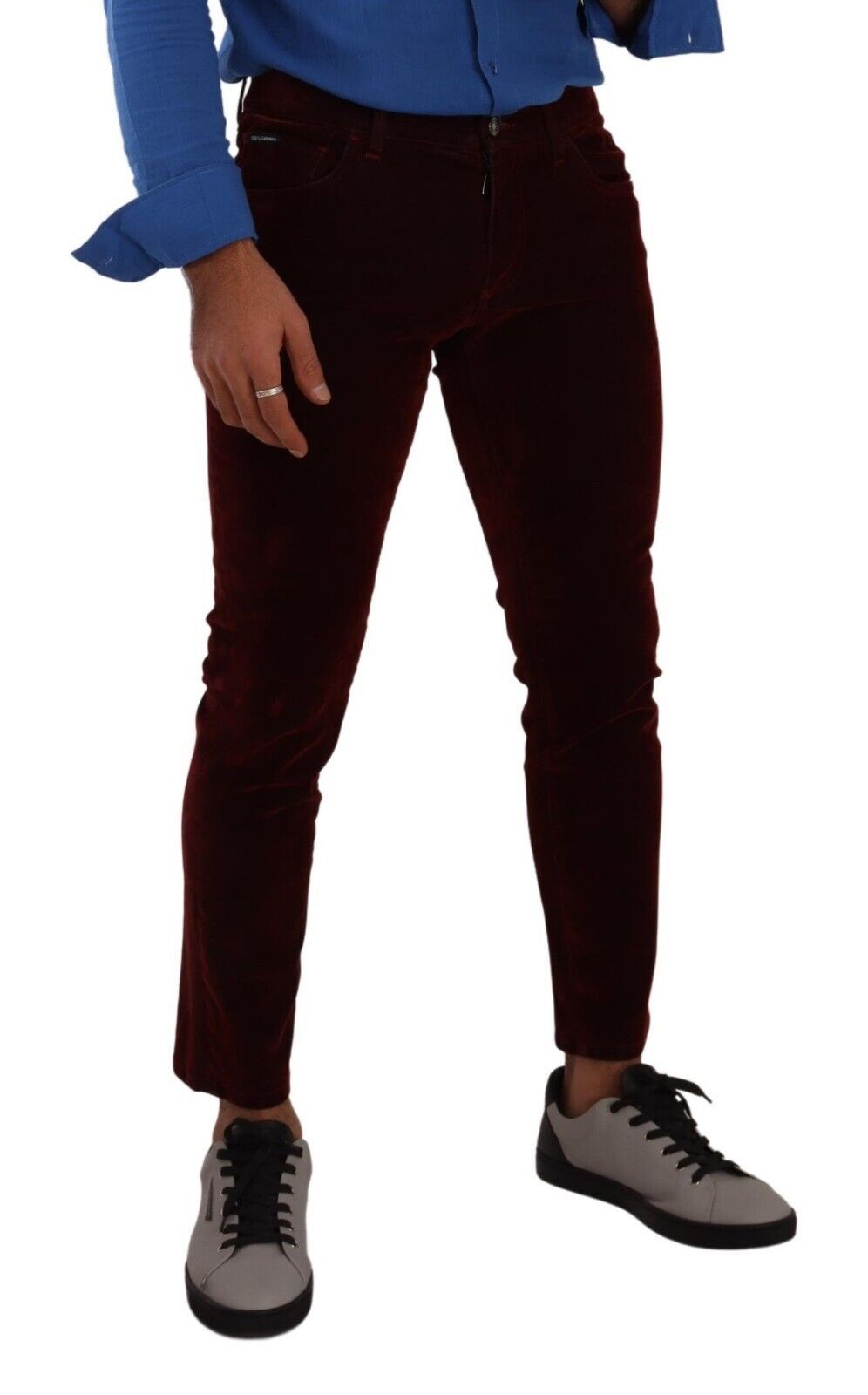 Dark Red Cotton Velvet Skinny Men Denim Jeans