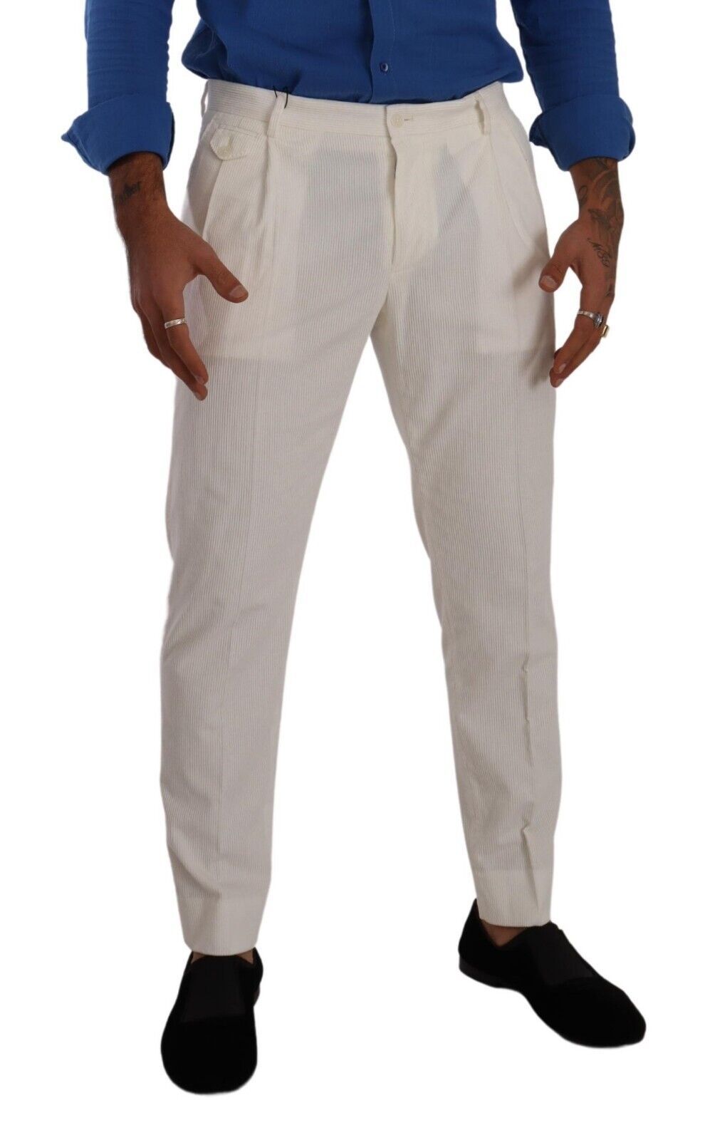 White Corduroy Cotton Men Tapered Pants