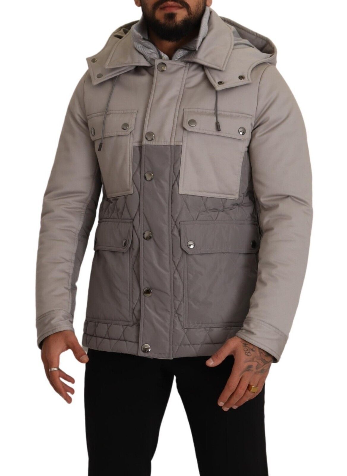 Gray Cotton Windbreaker Hooded Parka Jacket