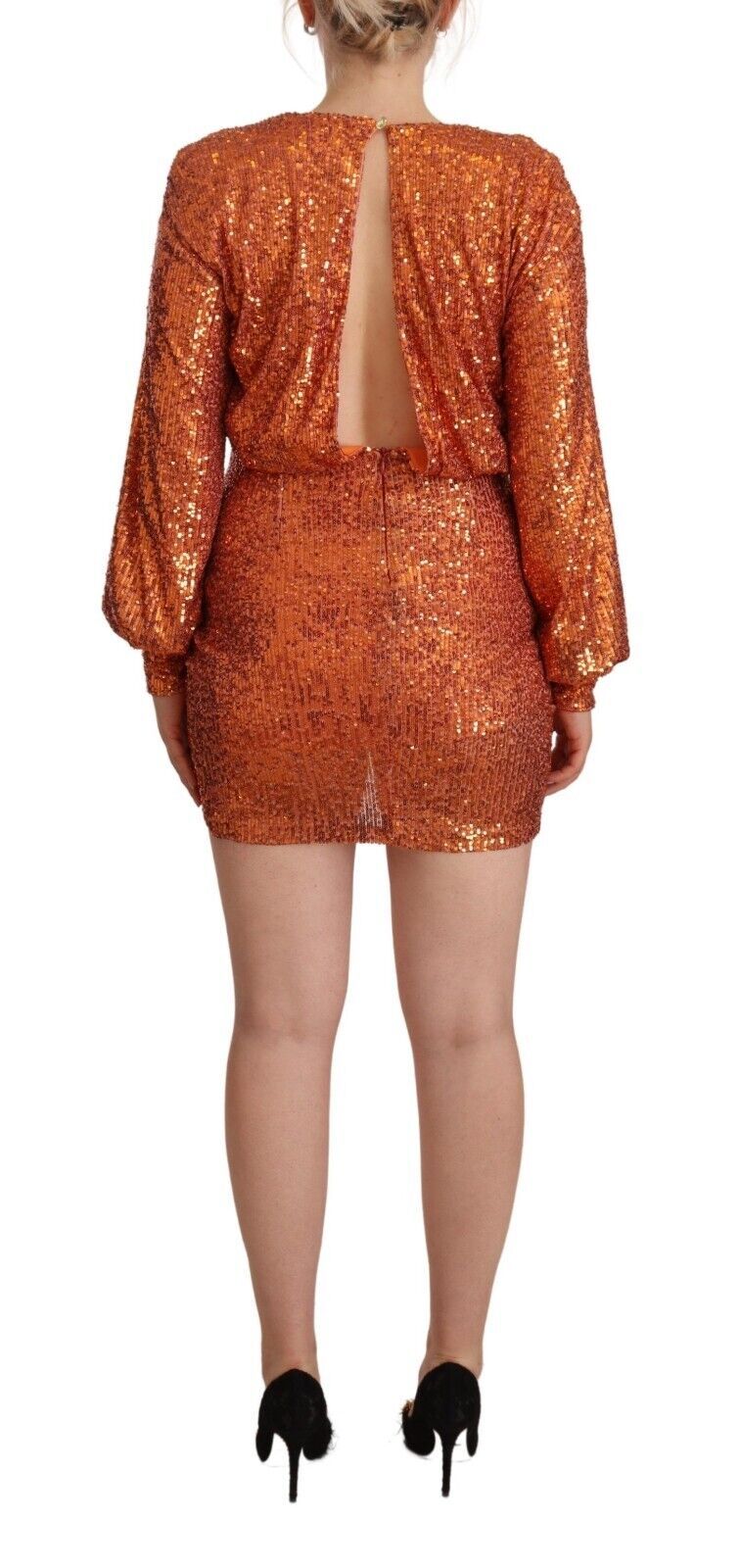 Orange Sequined Long Sleeves Mini Sheath Wrap Dress