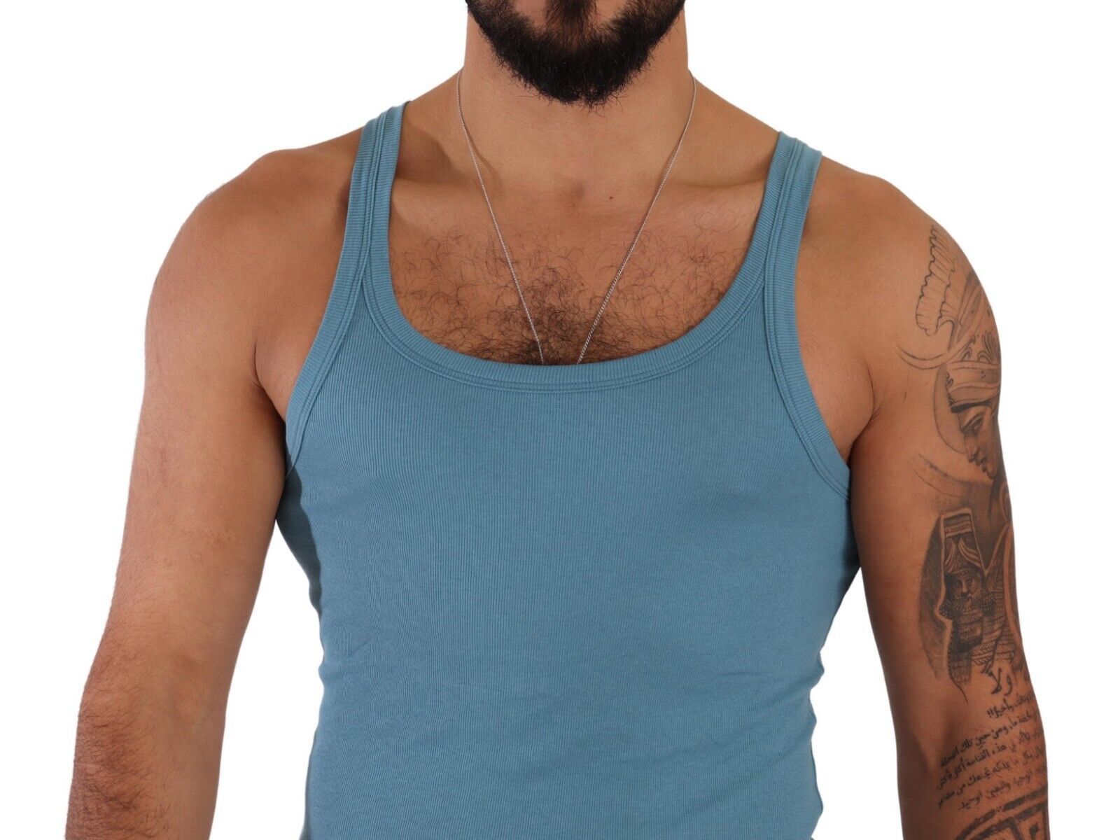 Blue Cotton Round Neck T-shirt Tank Underwear