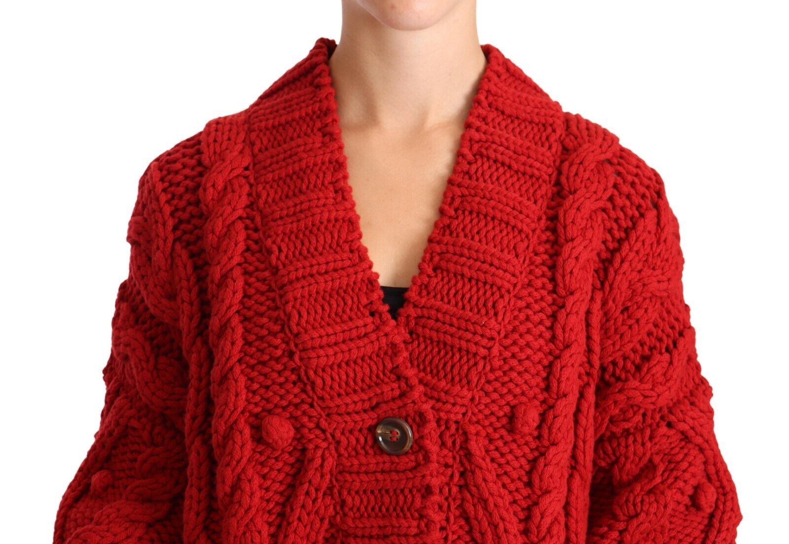 Red V-neck Wool Knit Button Cardigan Sweater