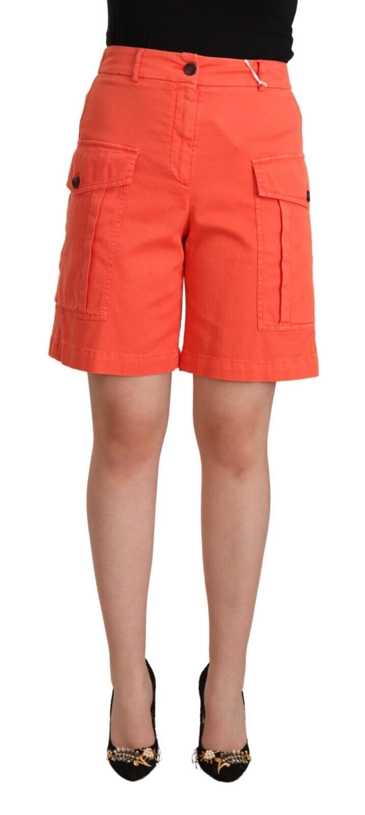 Orange Cotton High Waist Cargo Casual Shorts