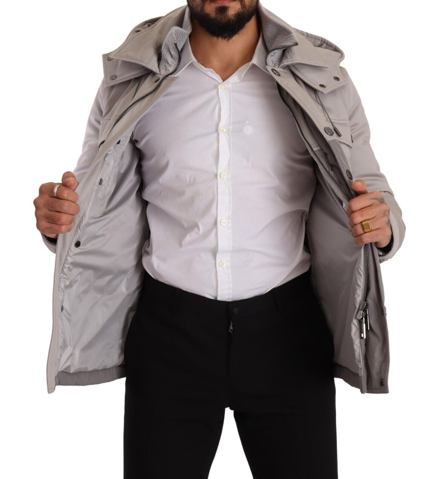 Gray Cotton Windbreaker Hooded Parka Jacket