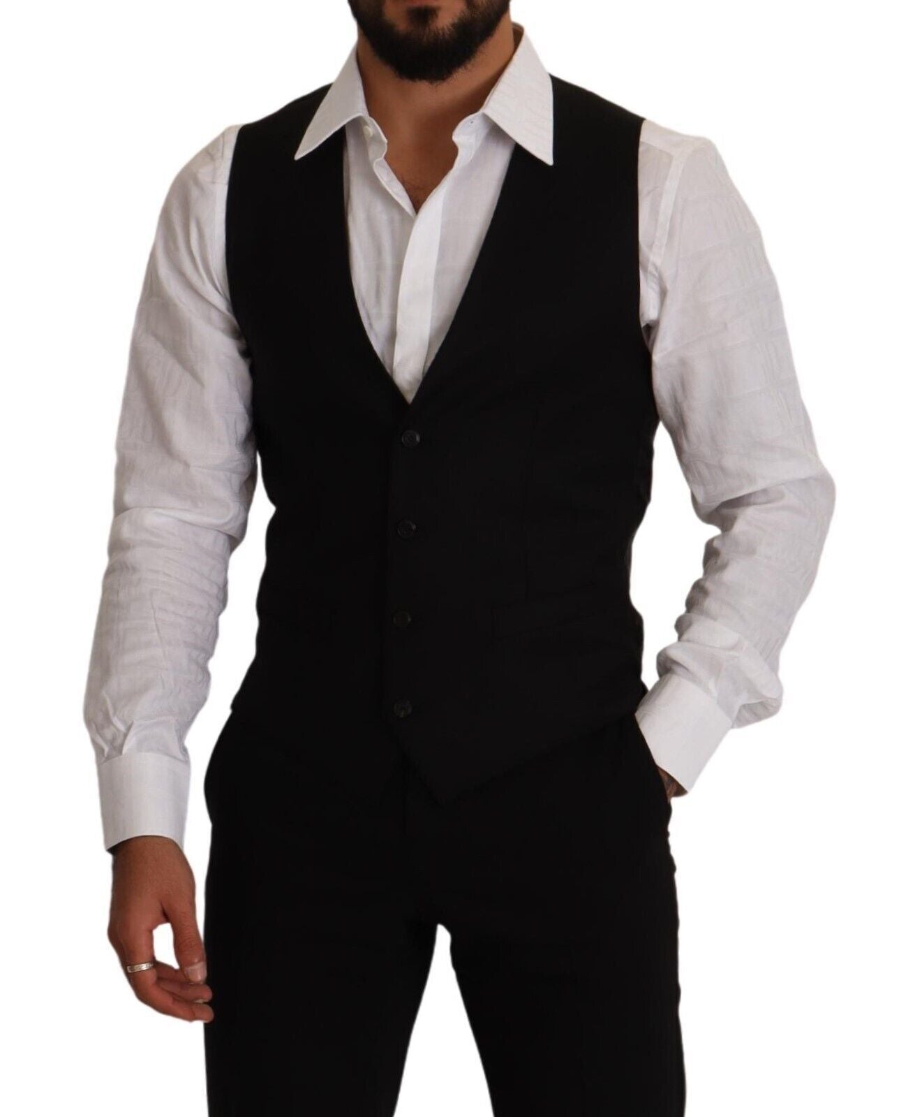Black Wool Single Breasted Waistcoat Vest