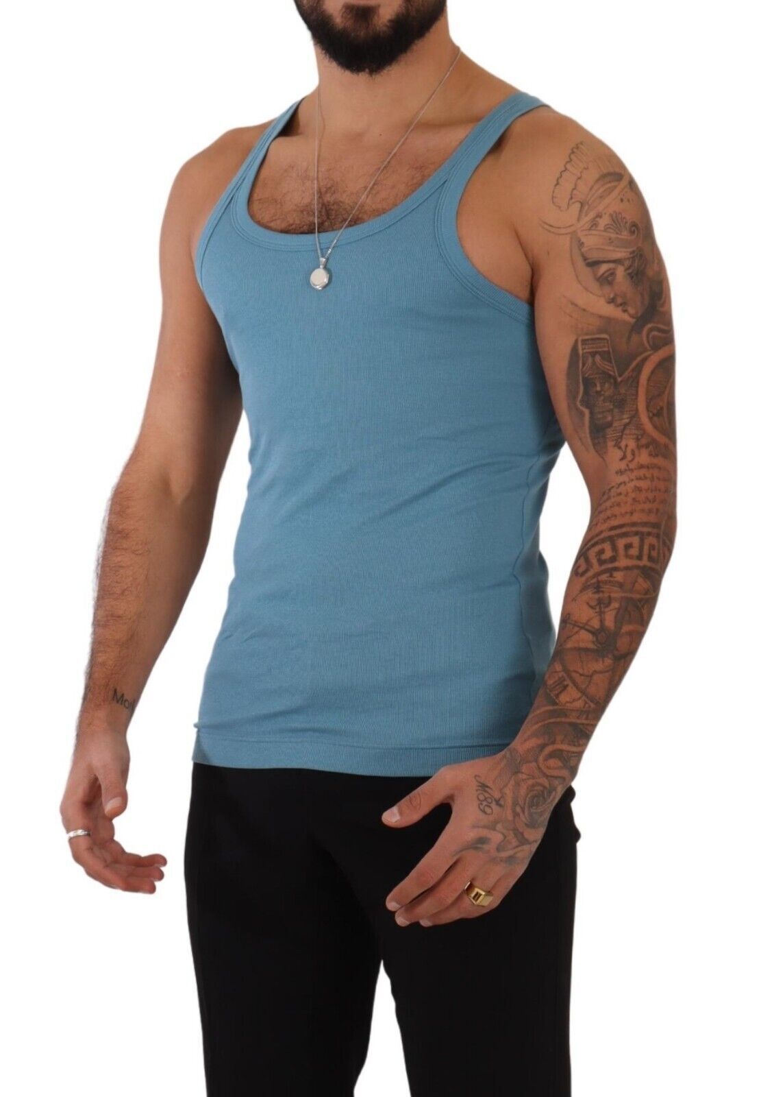 Blue Cotton Round Neck T-shirt Tank Underwear