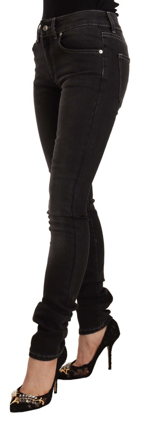 Black Washed Mid Waist Cotton Denim Skinny Jeans