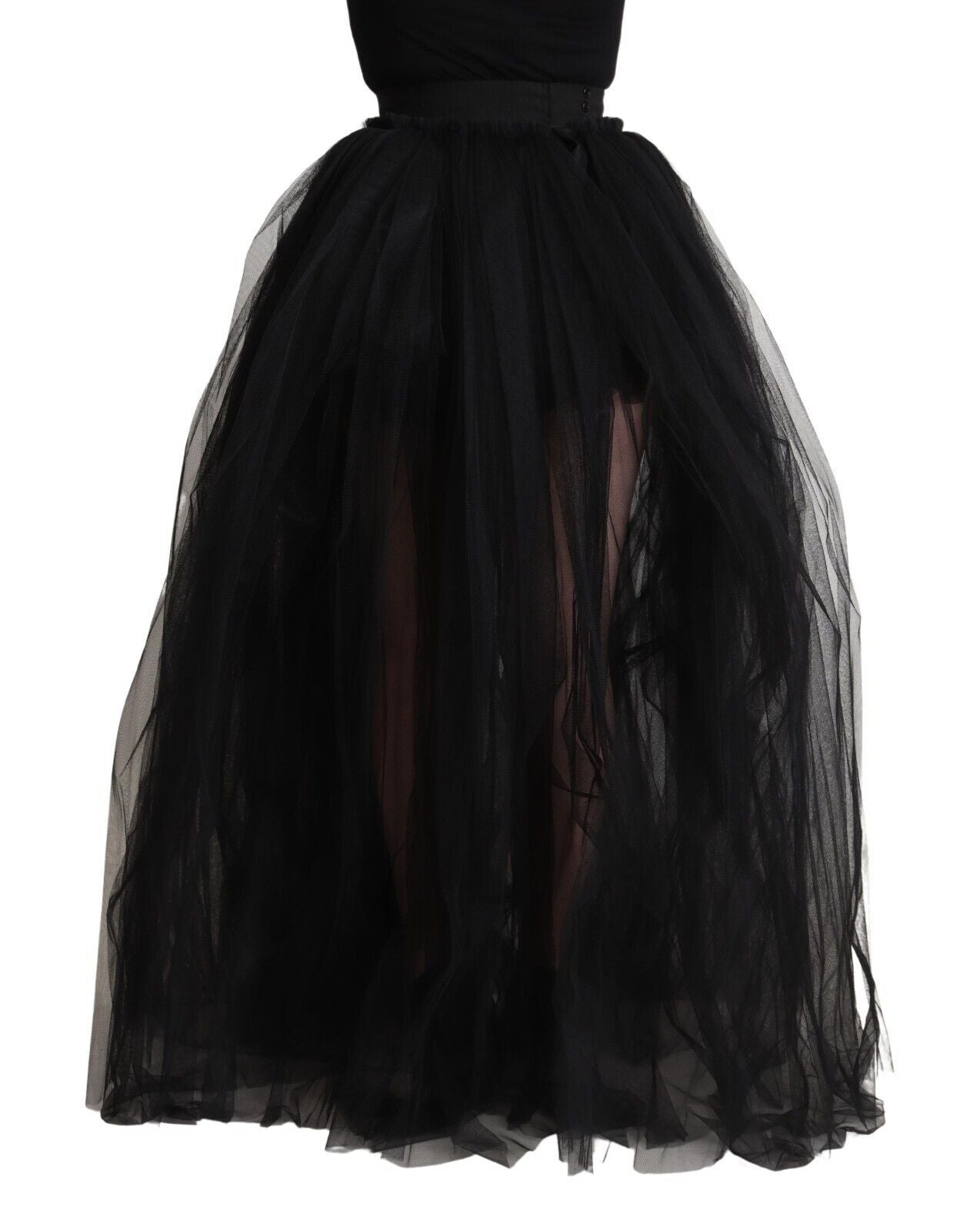 Black Nylon High Waist Long A-line Tulle Skirt