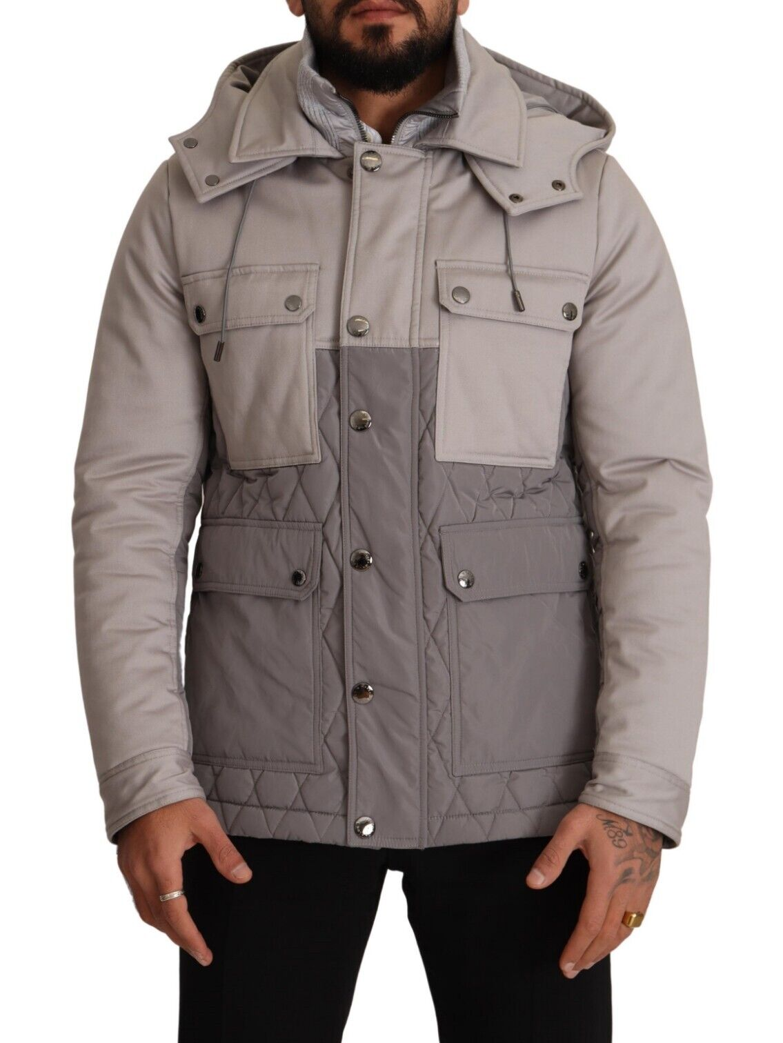 Gray Cotton Windbreaker Hooded Parka Jacket