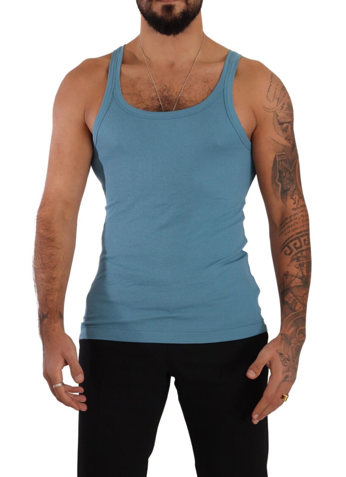 Blue Cotton Round Neck T-shirt Tank Underwear